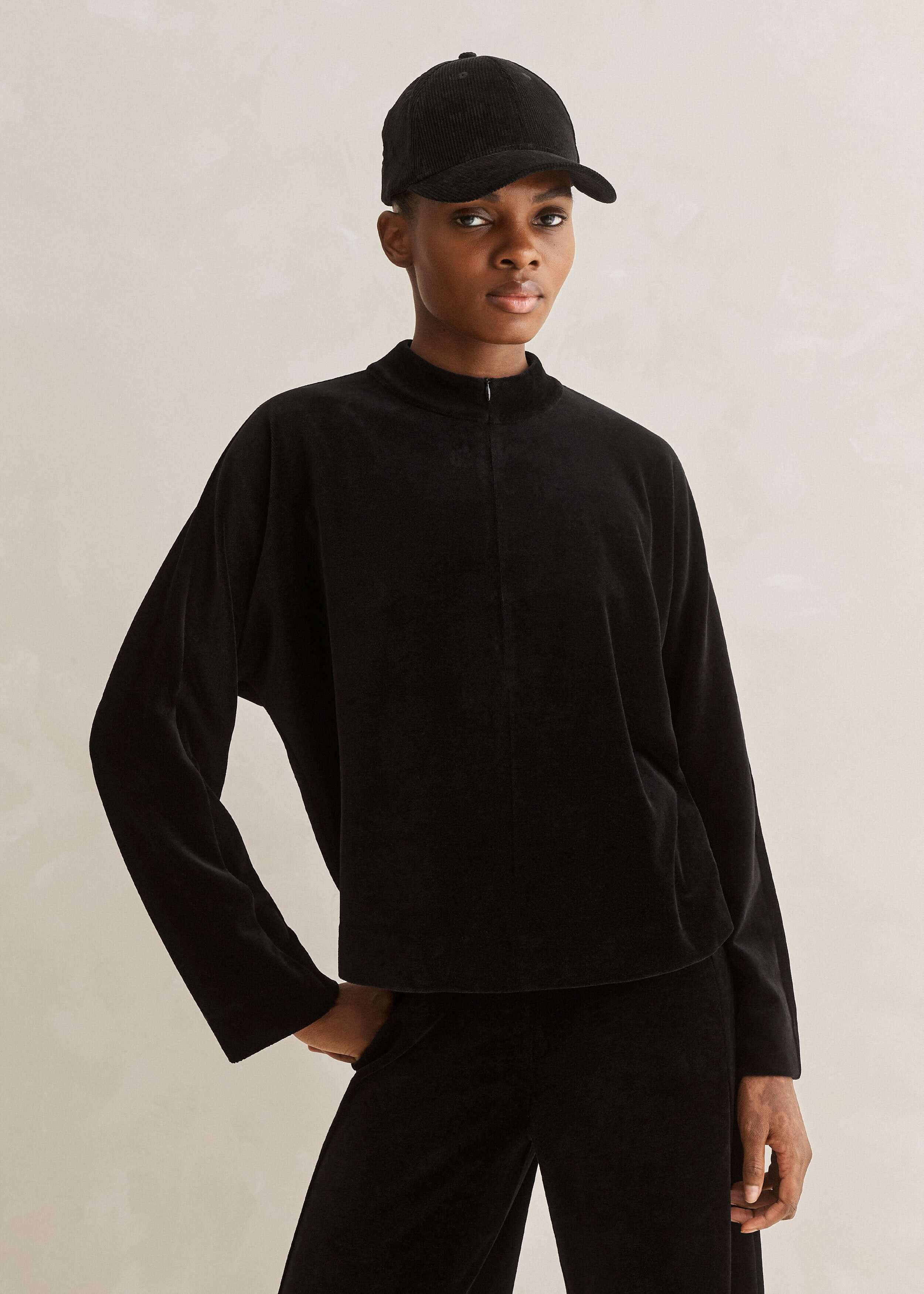 Women's Black Stretch Velvet Zip Up High Neck Top | ME+EM