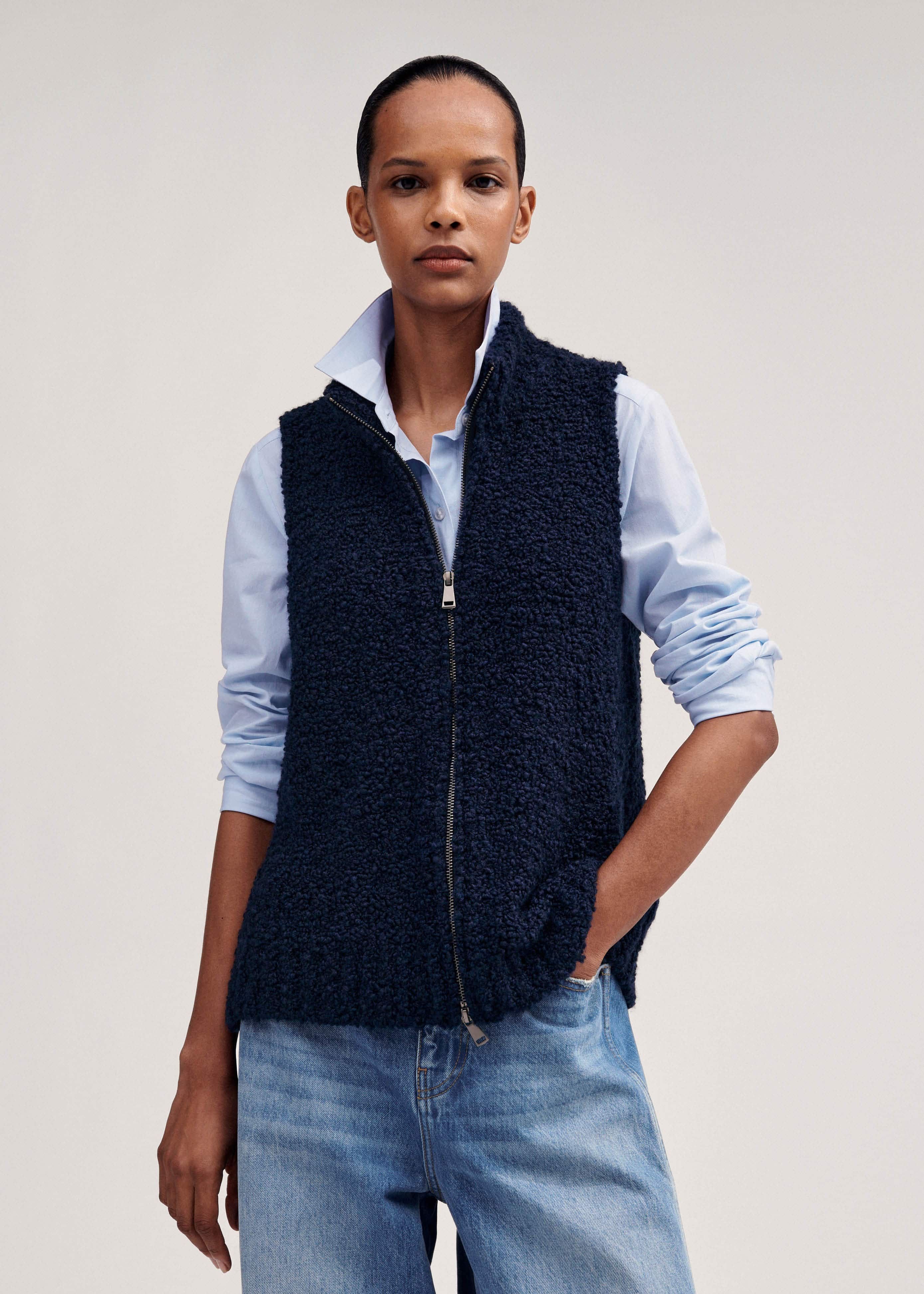 Women's Navy Teddy Merino Bouclé Zip Vest | ME+EM