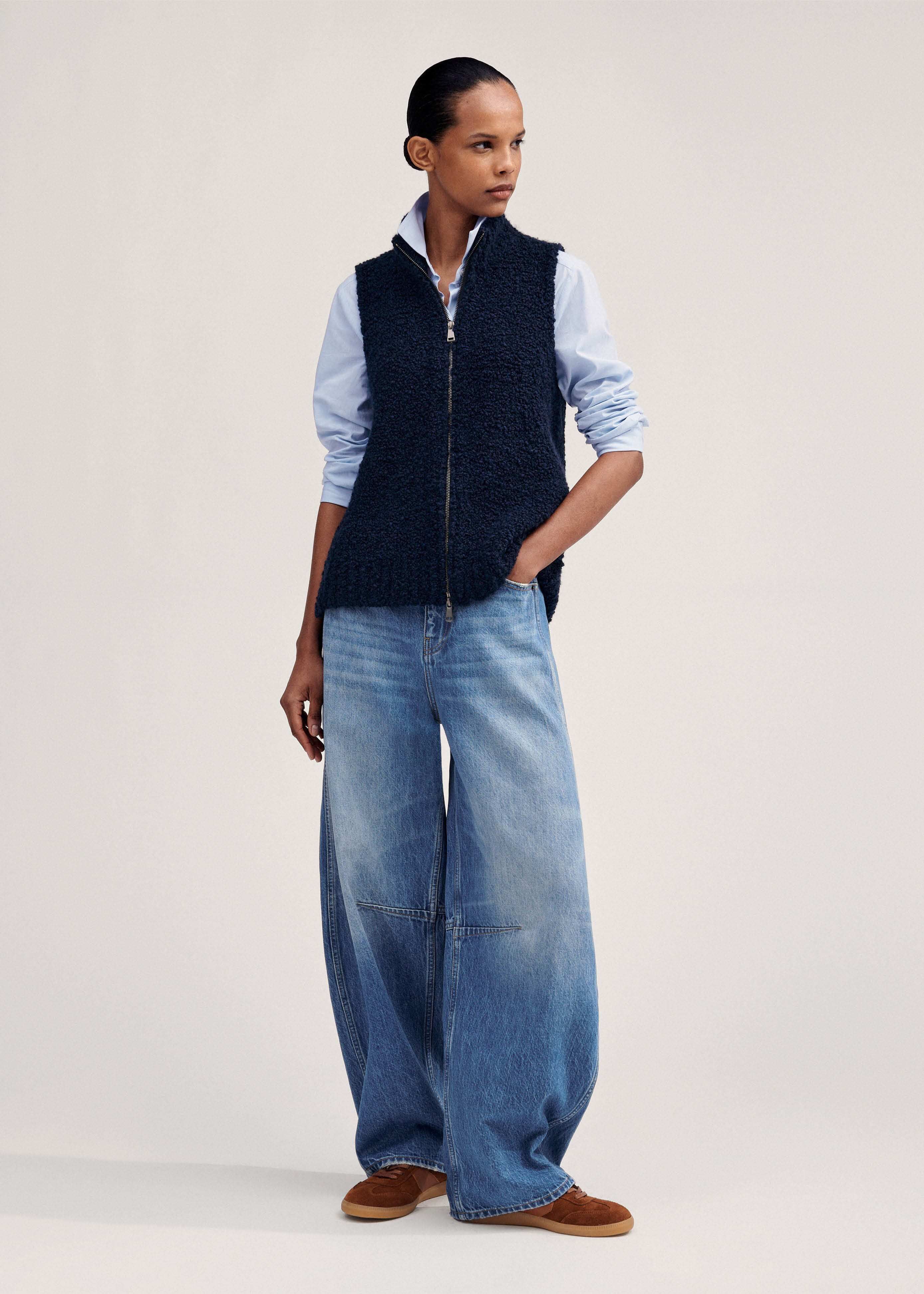 Women's Navy Teddy Merino Bouclé Zip Vest | ME+EM