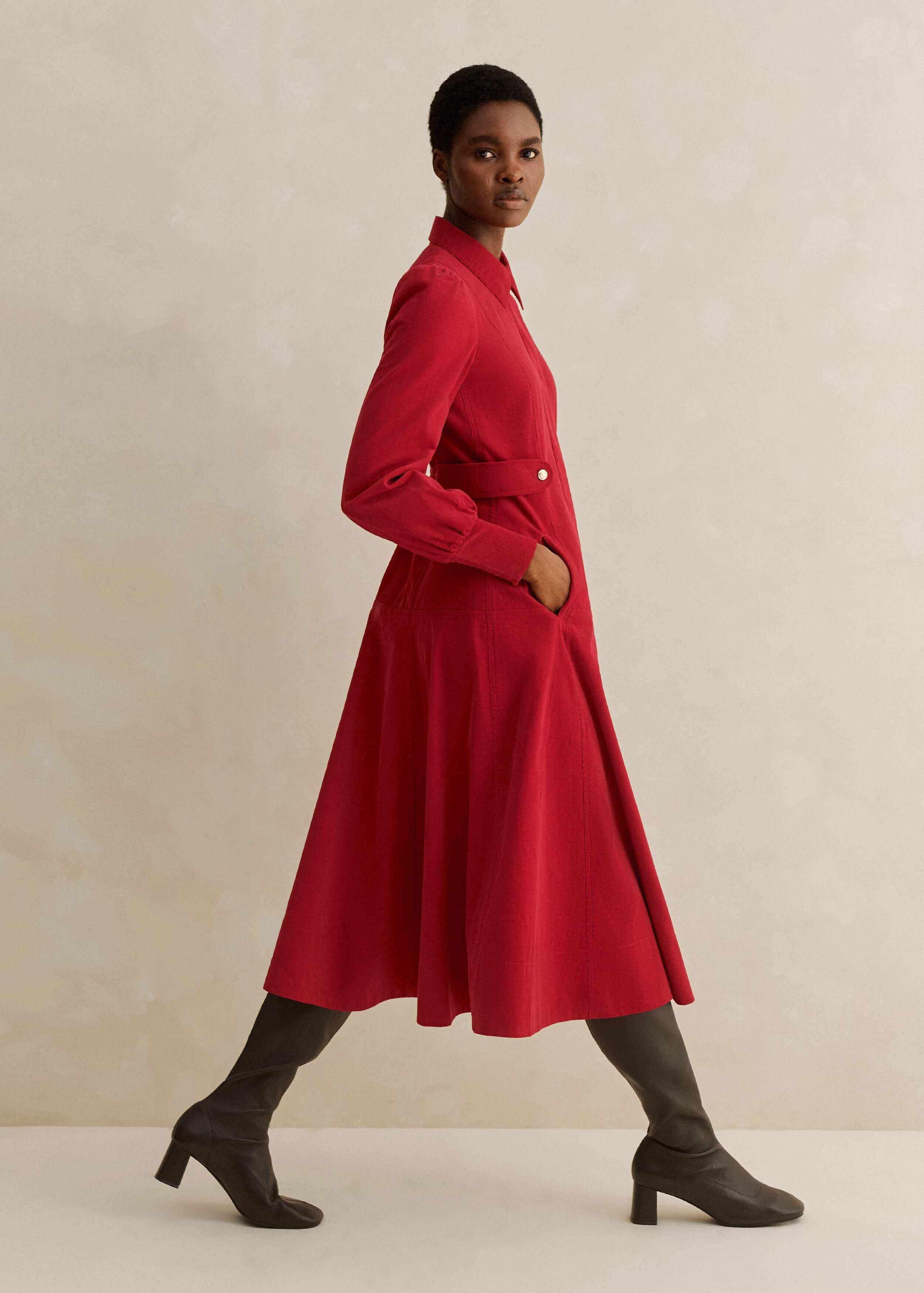 Red Fluid Cord Gold Button Midi Shirt Dress | Women's Cord Dresses | ME+EM