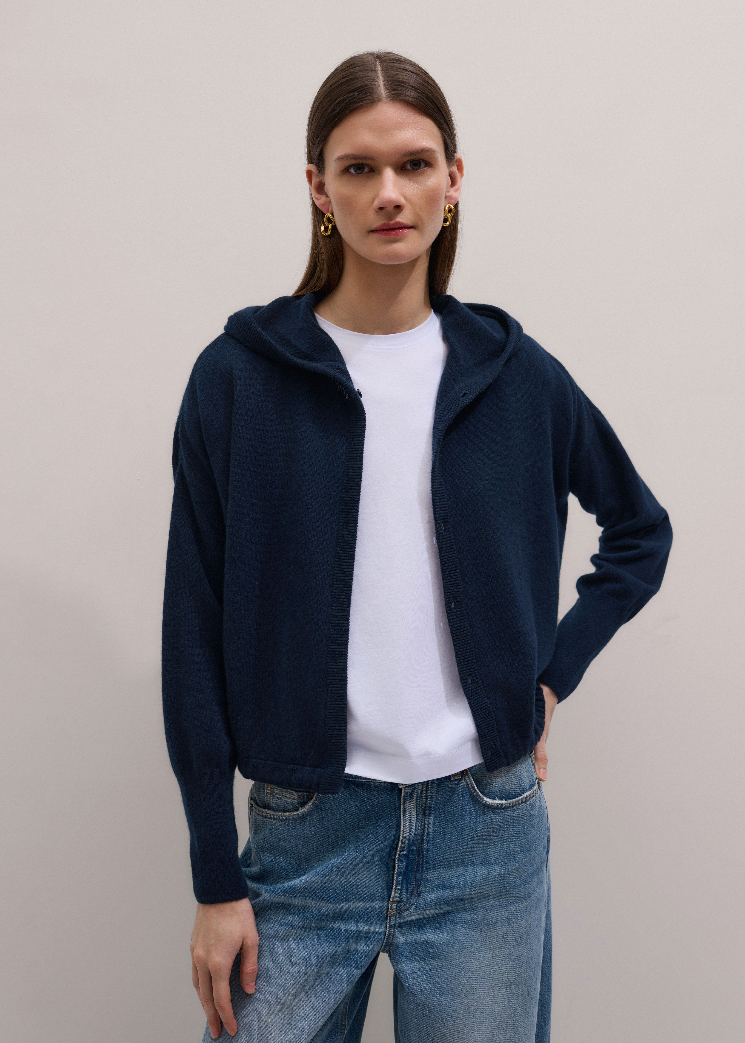 Women's Navy Cashmere Relaxed Fit Box Zip Hoodie | ME+EM