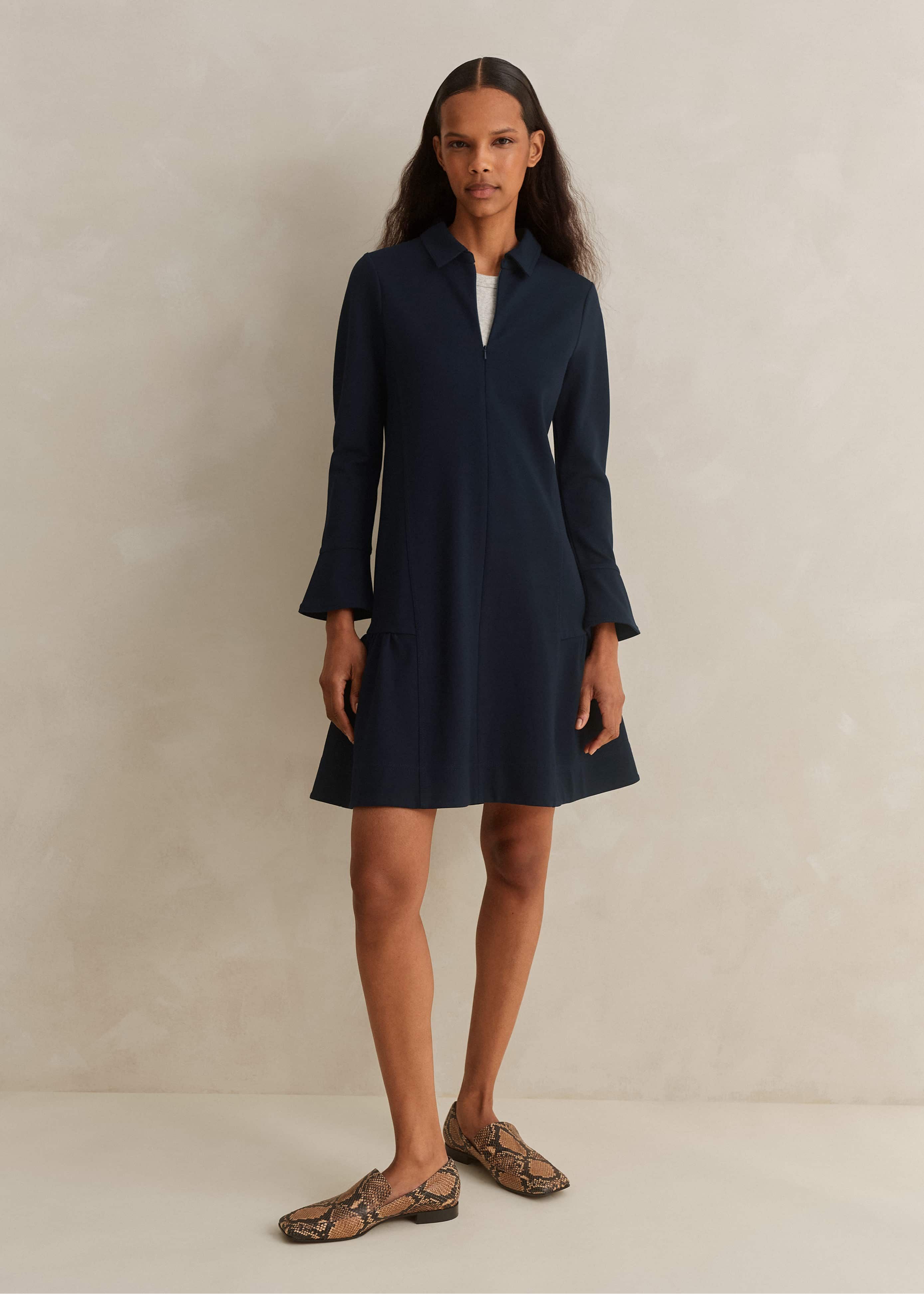 Navy Travel Tailoring Fluted Hem Shift Dress | Women's Workwear