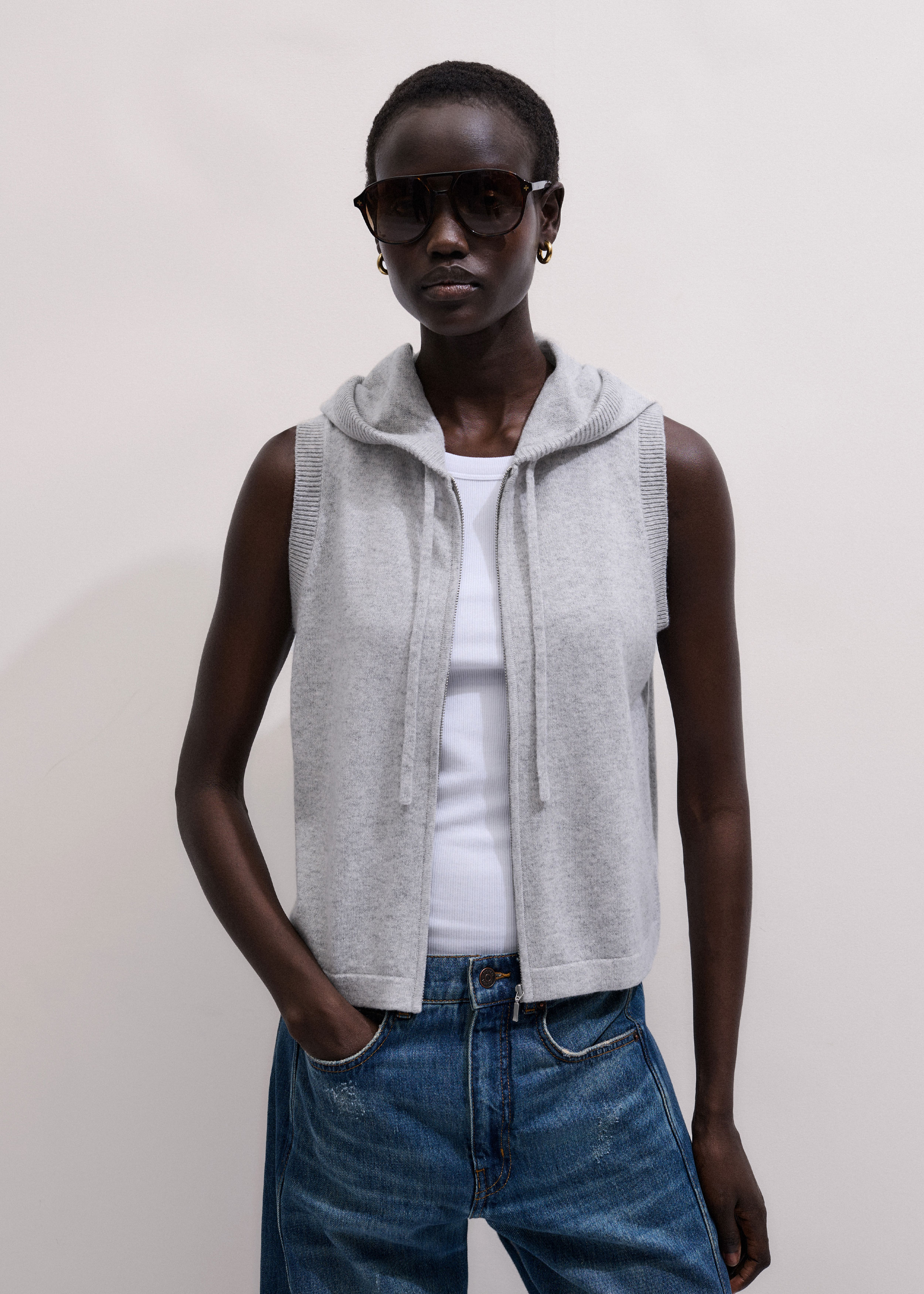 Grey Cashmere Sleeveless Relaxed Zip Hoodie | Women's Knitwear | ME+EM