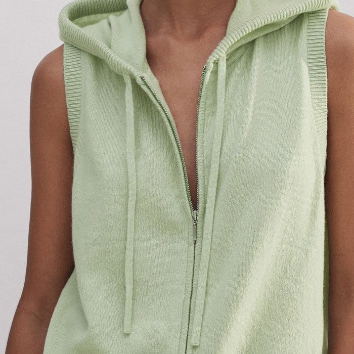 Women's Green Cashmere Sleeveless Relaxed Zip Hoodie | ME+EM