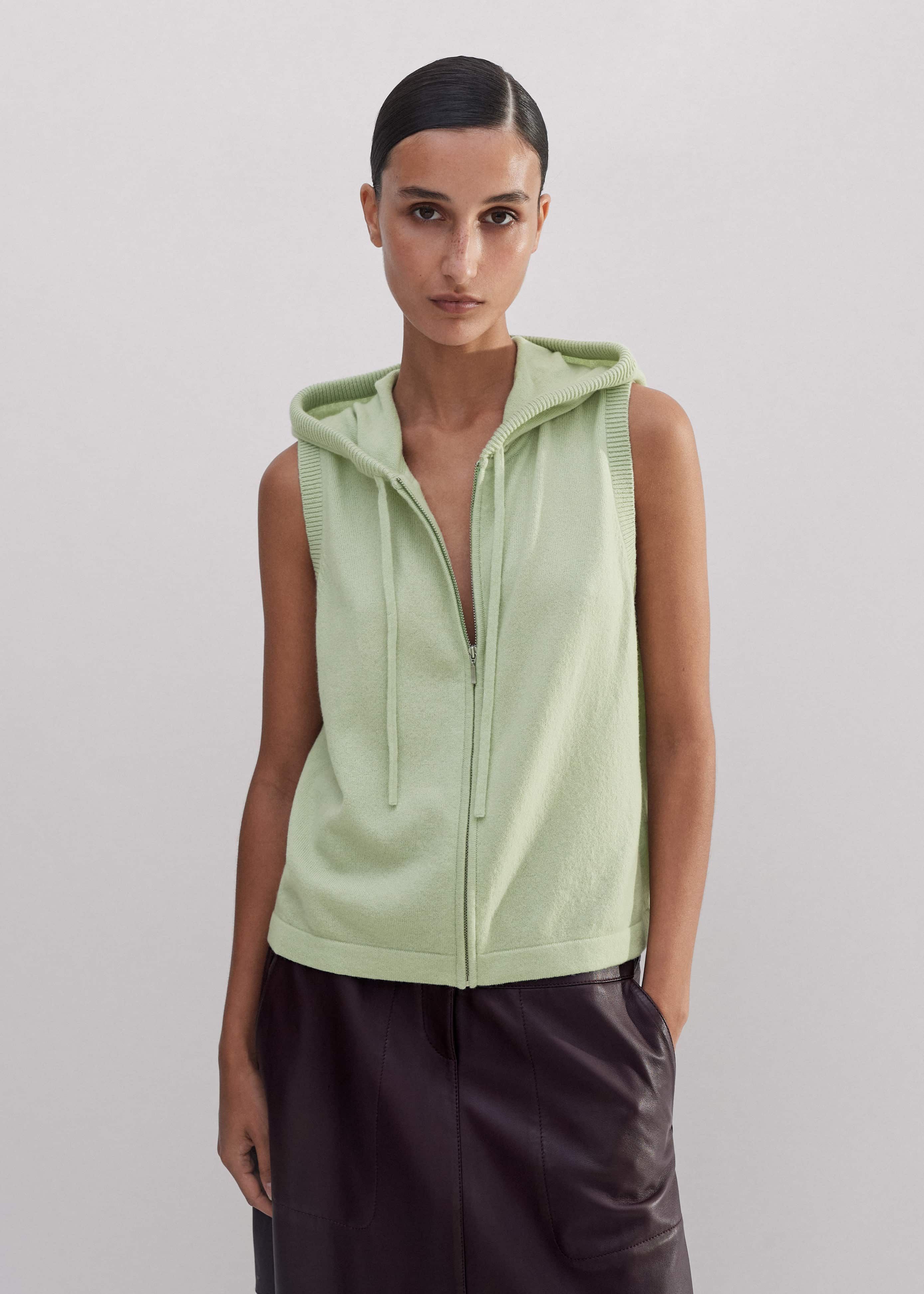 Women's Green Cashmere Sleeveless Relaxed Zip Hoodie | ME+EM