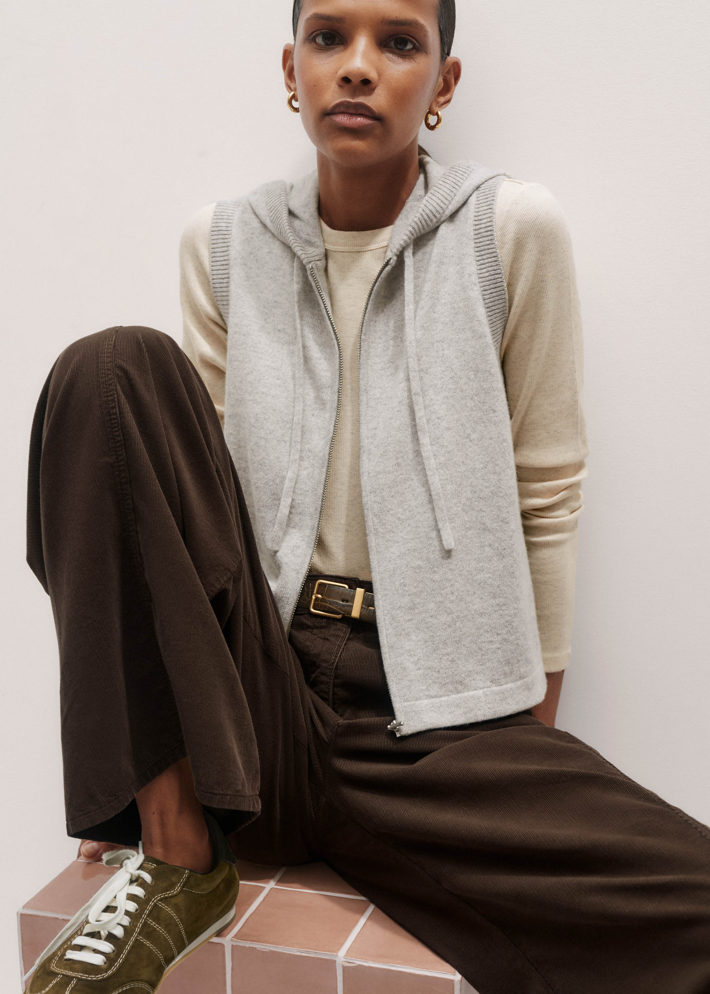 Gray Cashmere Sleeveless Relaxed Zip Hoody | Women's