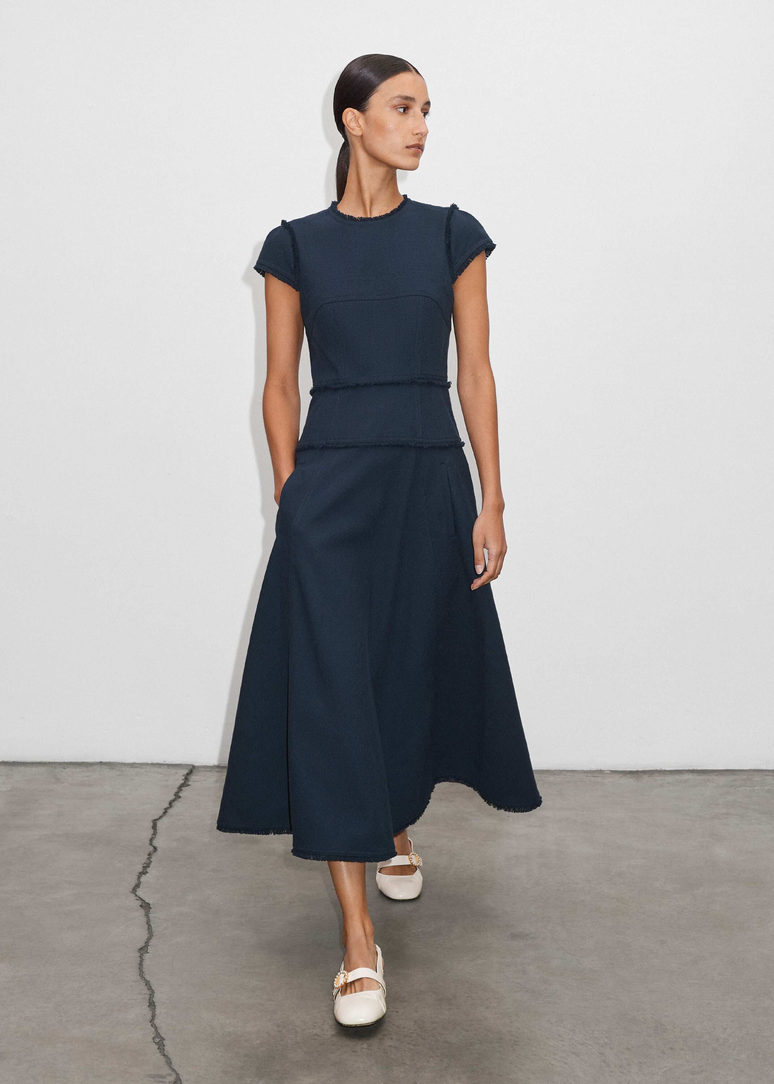 knee length dresses for ladies Kate Navy Stripe Cap Sleeve Midi Dress – Inherit Co main image 0