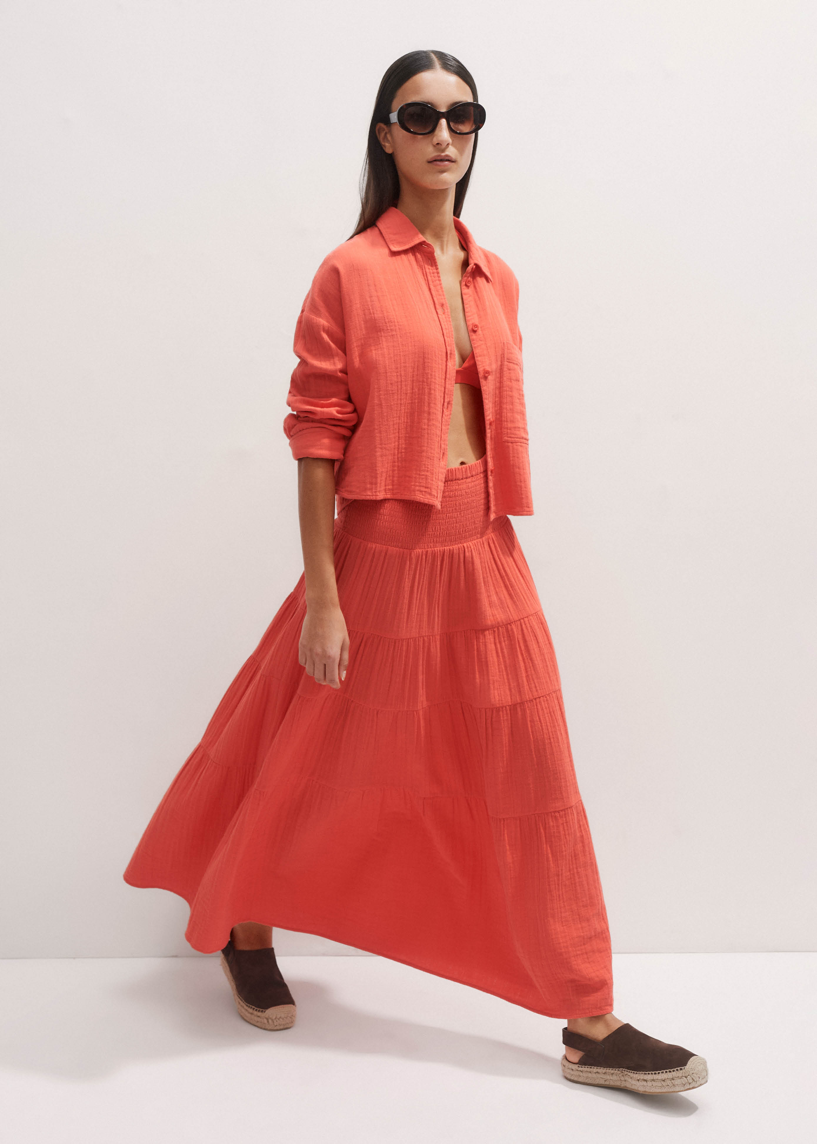 Women's Orange Cheesecloth Tiered Maxi Skirt | ME+EM