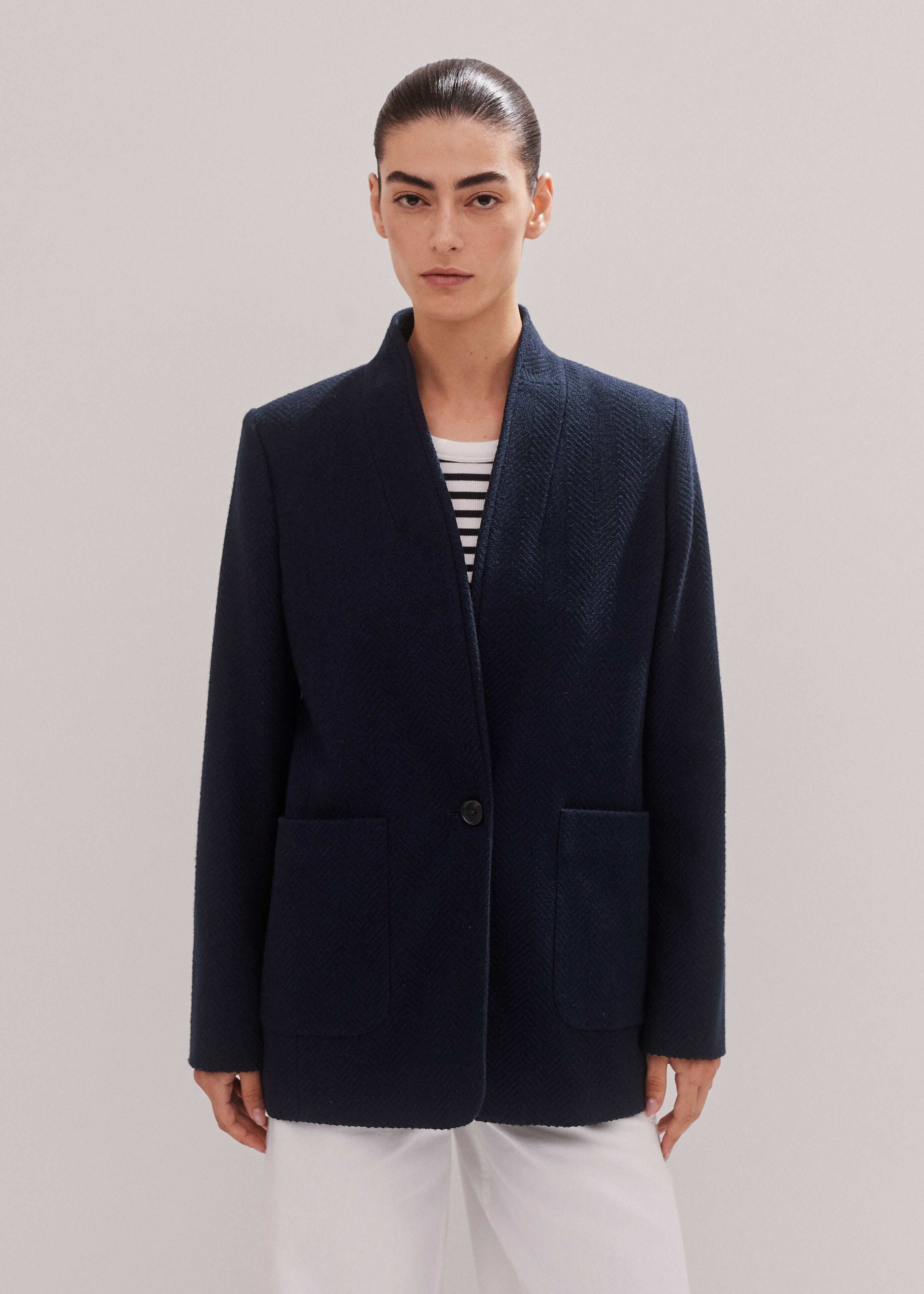 Women's Navy Herringbone Deconstructed Cardigan Blazer | ME+EM