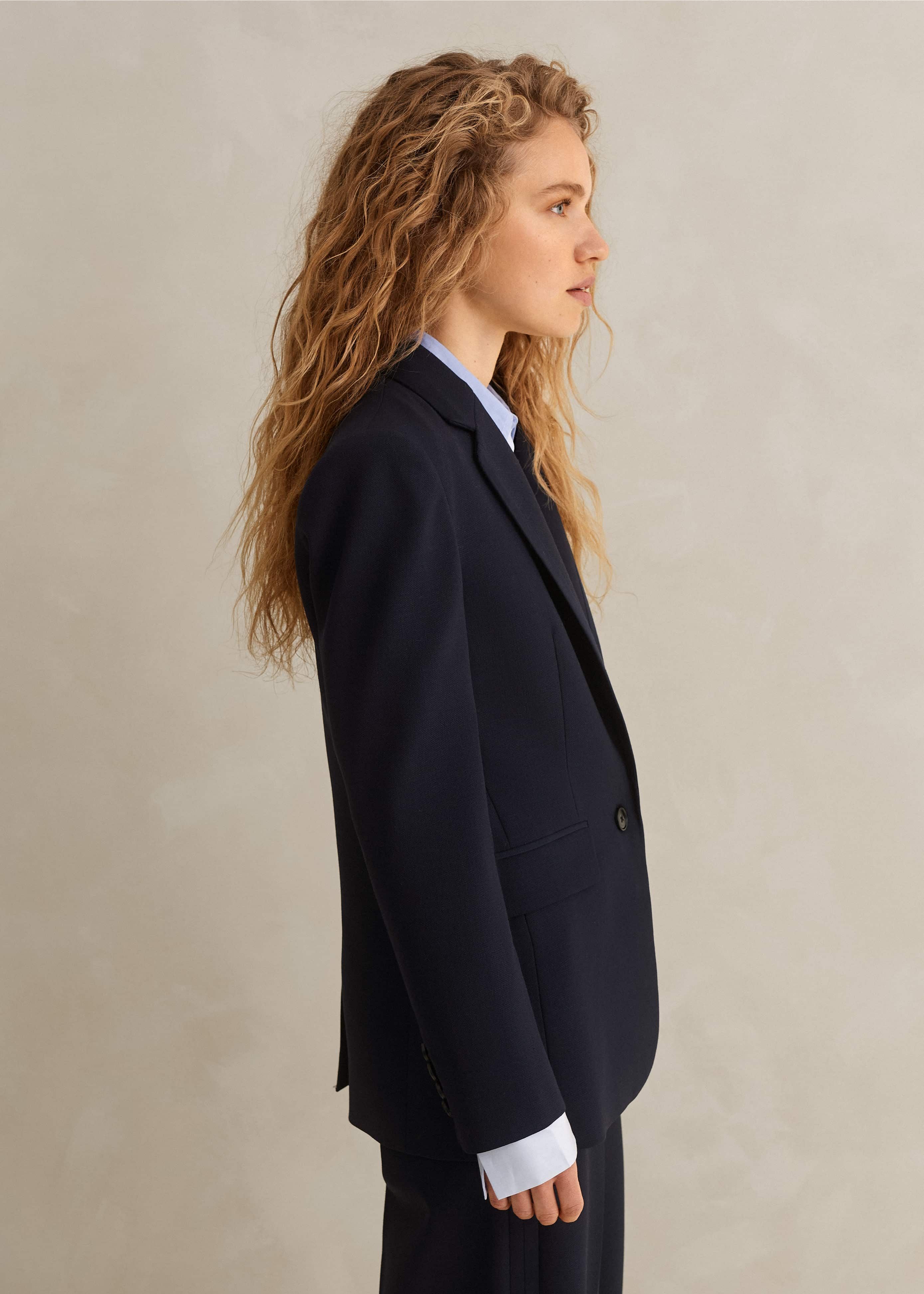 Women's Navy Wool Blend Sharp Longline Blazer | ME+EM
