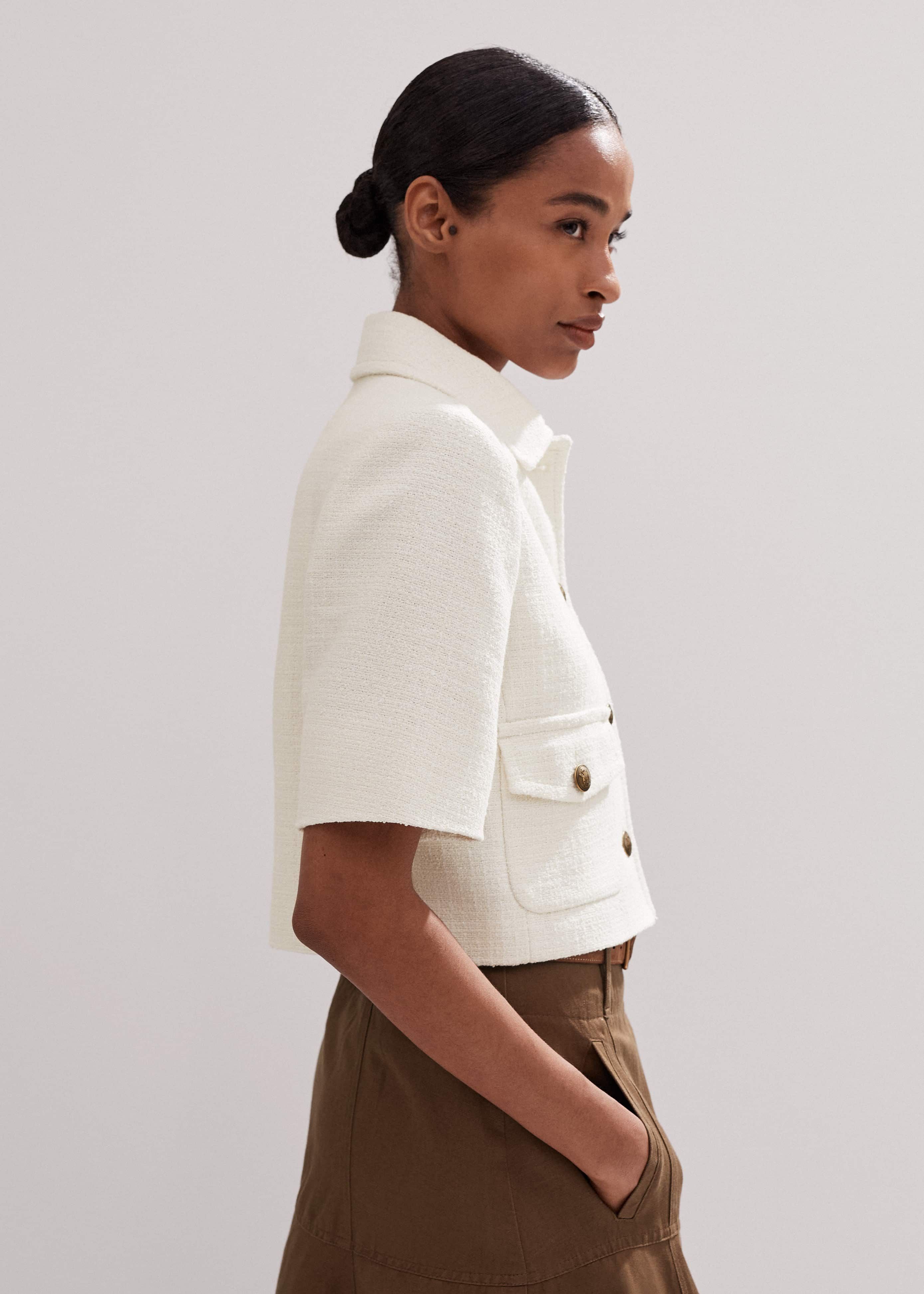 ス*。様 thetoe SHORT SLEEVE TWEED JACKET Women's Cream Tweed Short Sleeve Crop Jacket | ME+EM