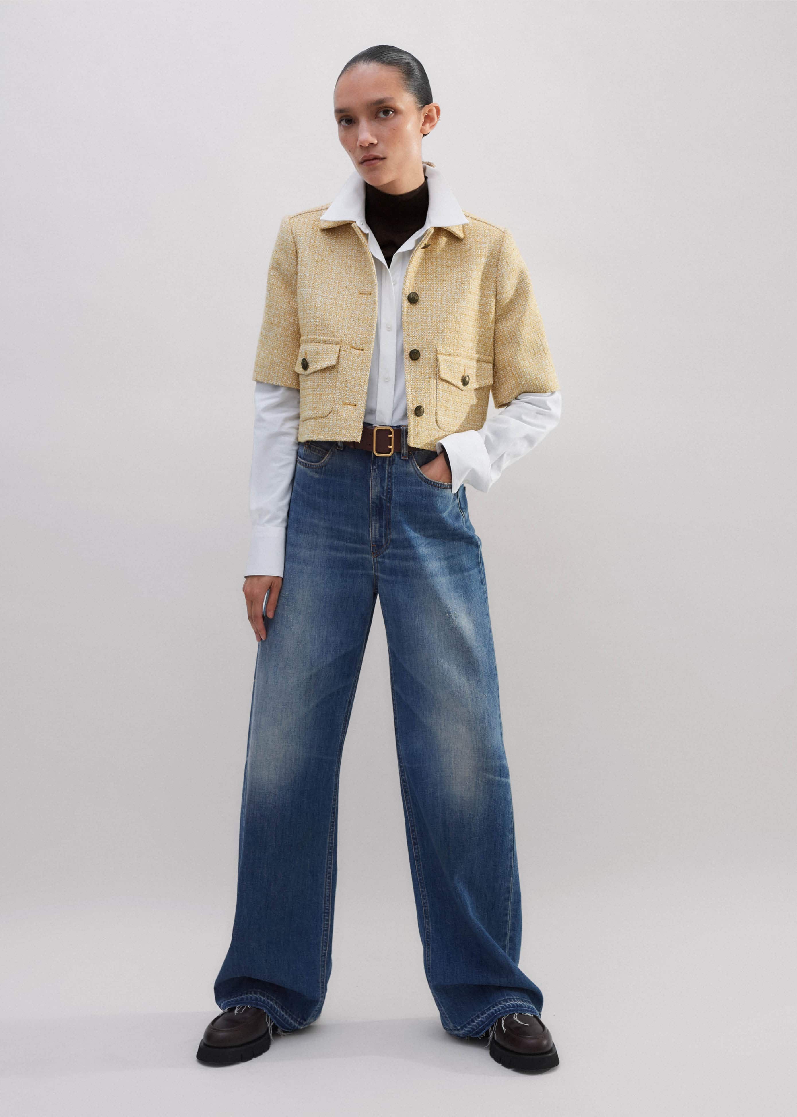 Women's Ochre Tweed Short Sleeve Crop Jacket | ME+EM