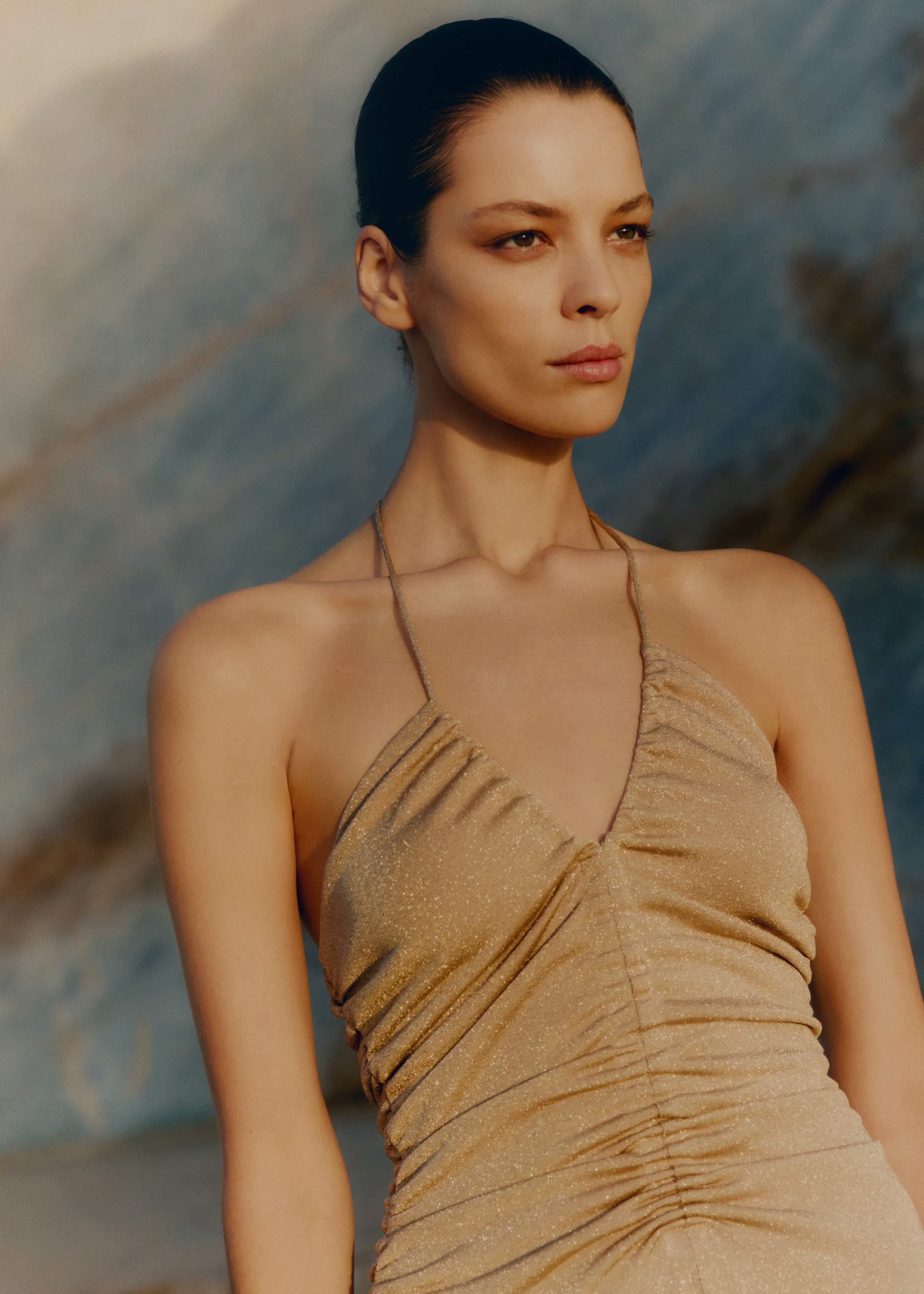 Women's Gold Metallic Halterneck Maxi Dress | ME+EM