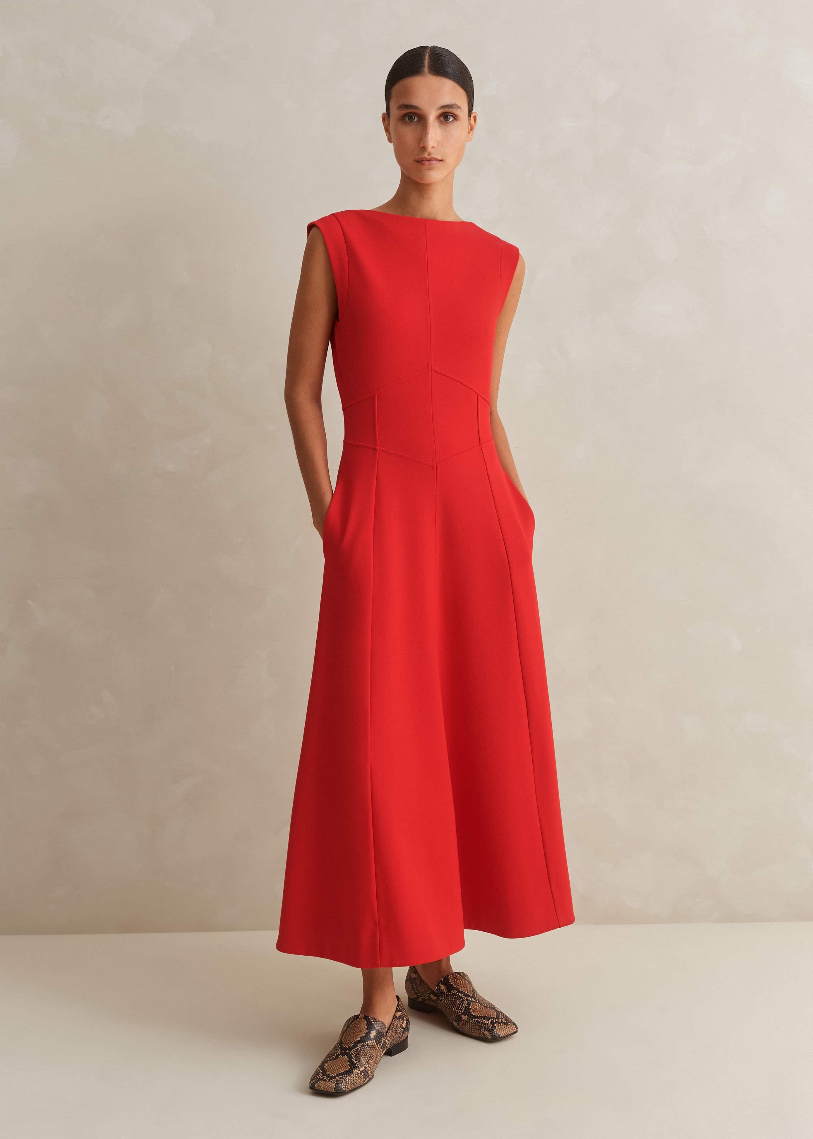 Women's Red Travel Tailoring Boat Neck Midi Dress | ME+EM