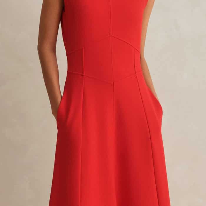 Women's Red Travel Tailoring Boat Neck Midi Dress | ME+EM