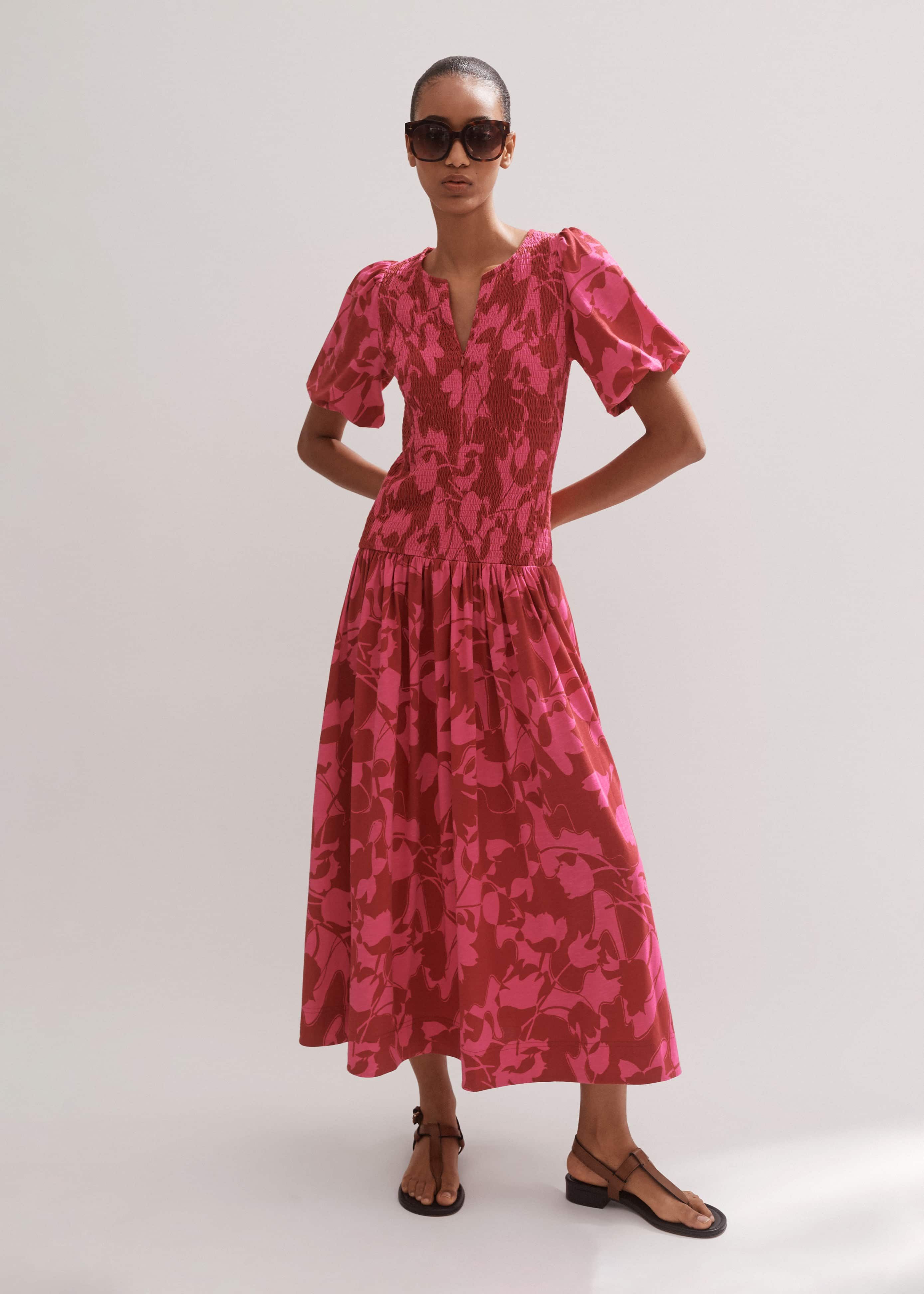 Women's Red Smocked Two Tone Tulip Printed Maxi Dress | ME+EM