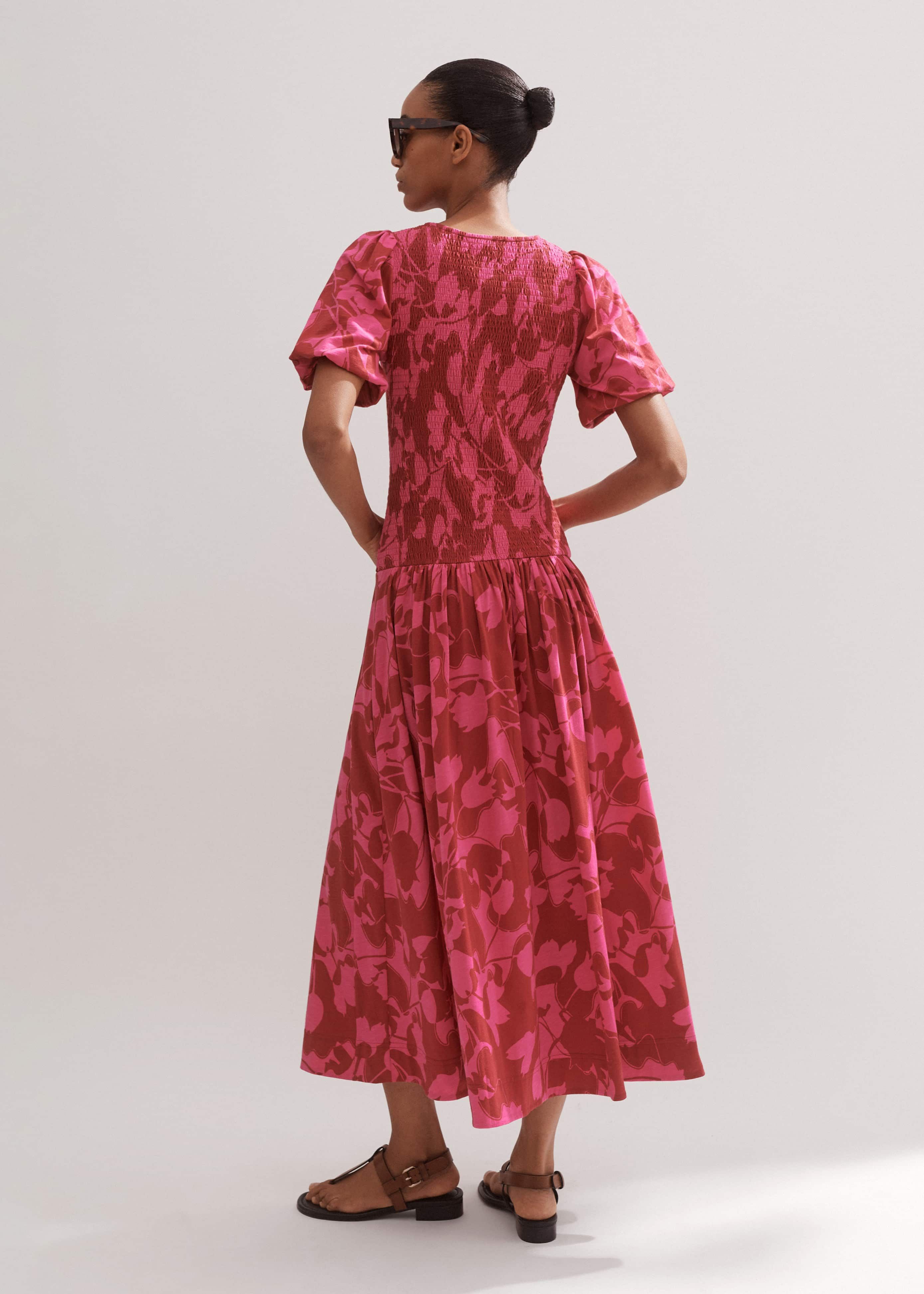 Women's Red Smocked Two Tone Tulip Printed Maxi Dress | ME+EM