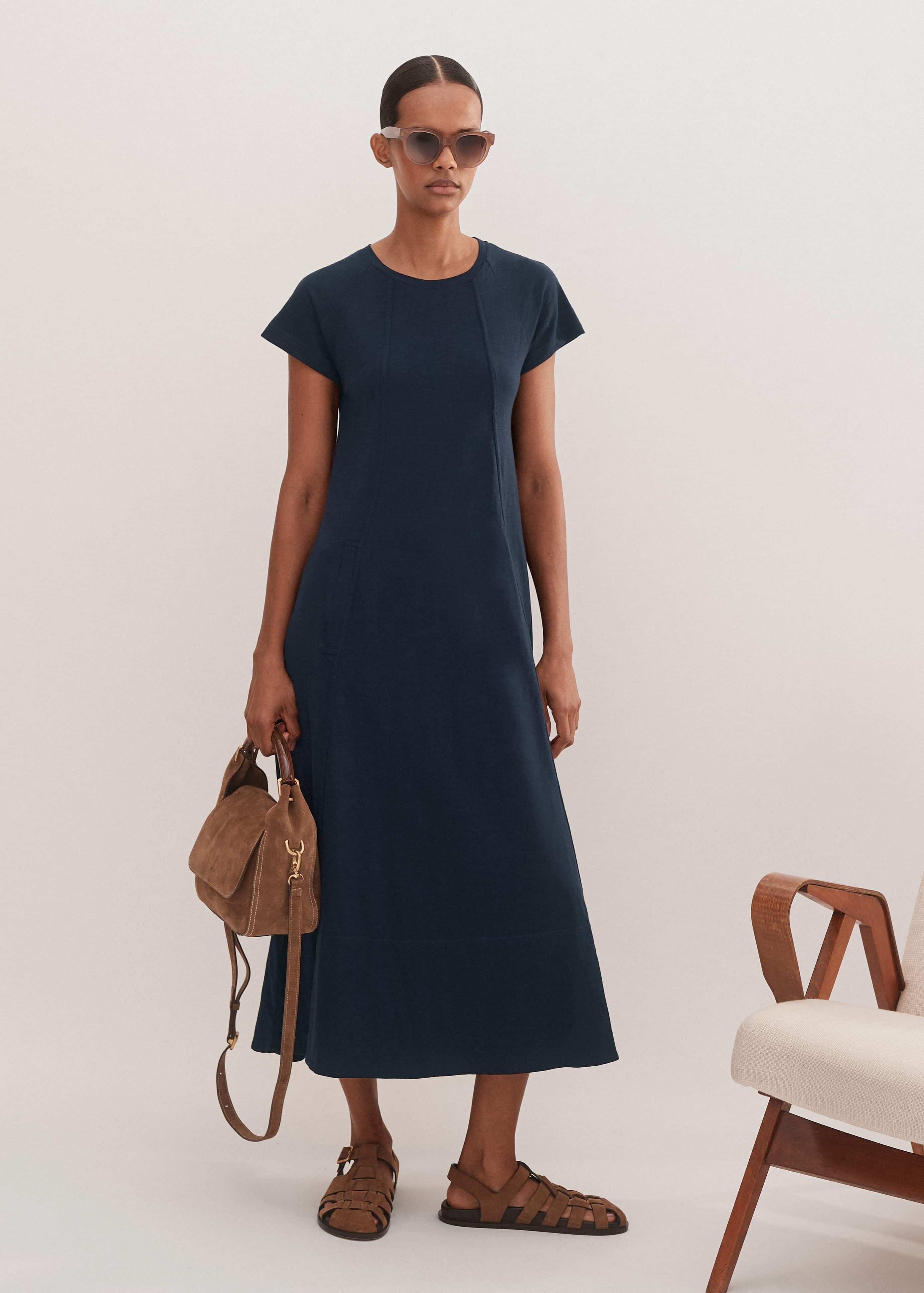 Women's Navy Slub Jersey Midi Swing Dress | ME+EM