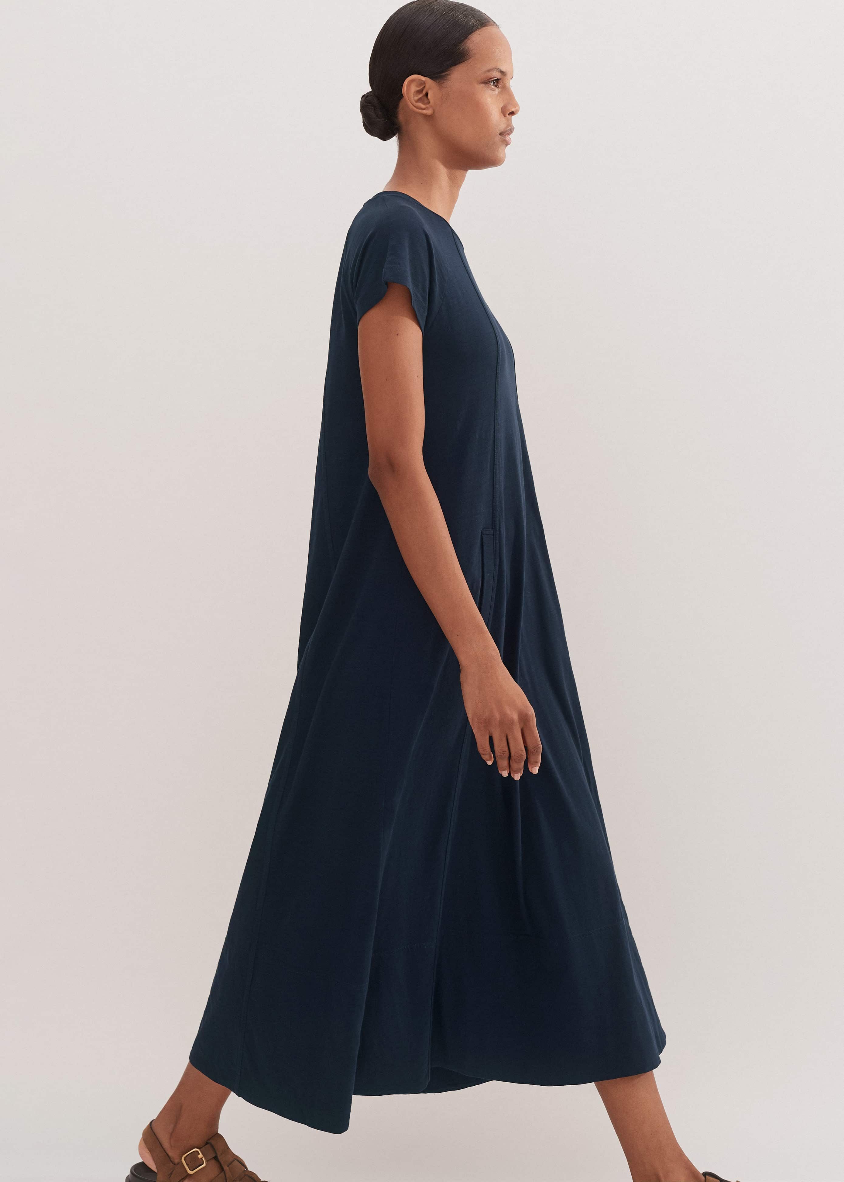 Women's Navy Slub Jersey Midi Swing Dress | ME+EM
