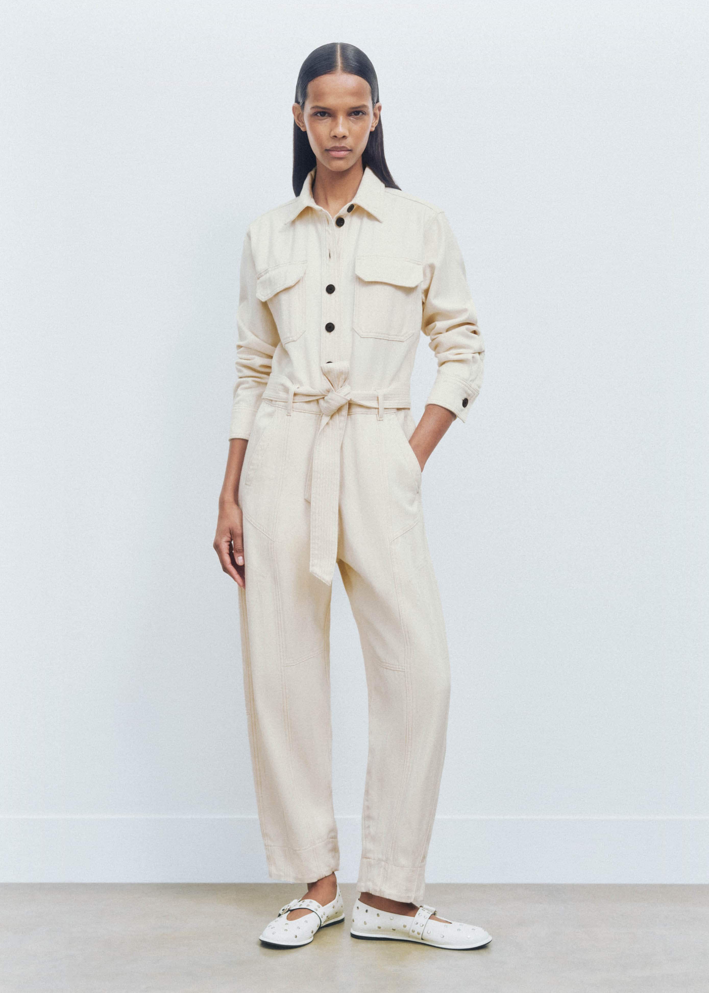 Women's Cream Cotton Herringbone Utility Jumpsuit | ME+EM