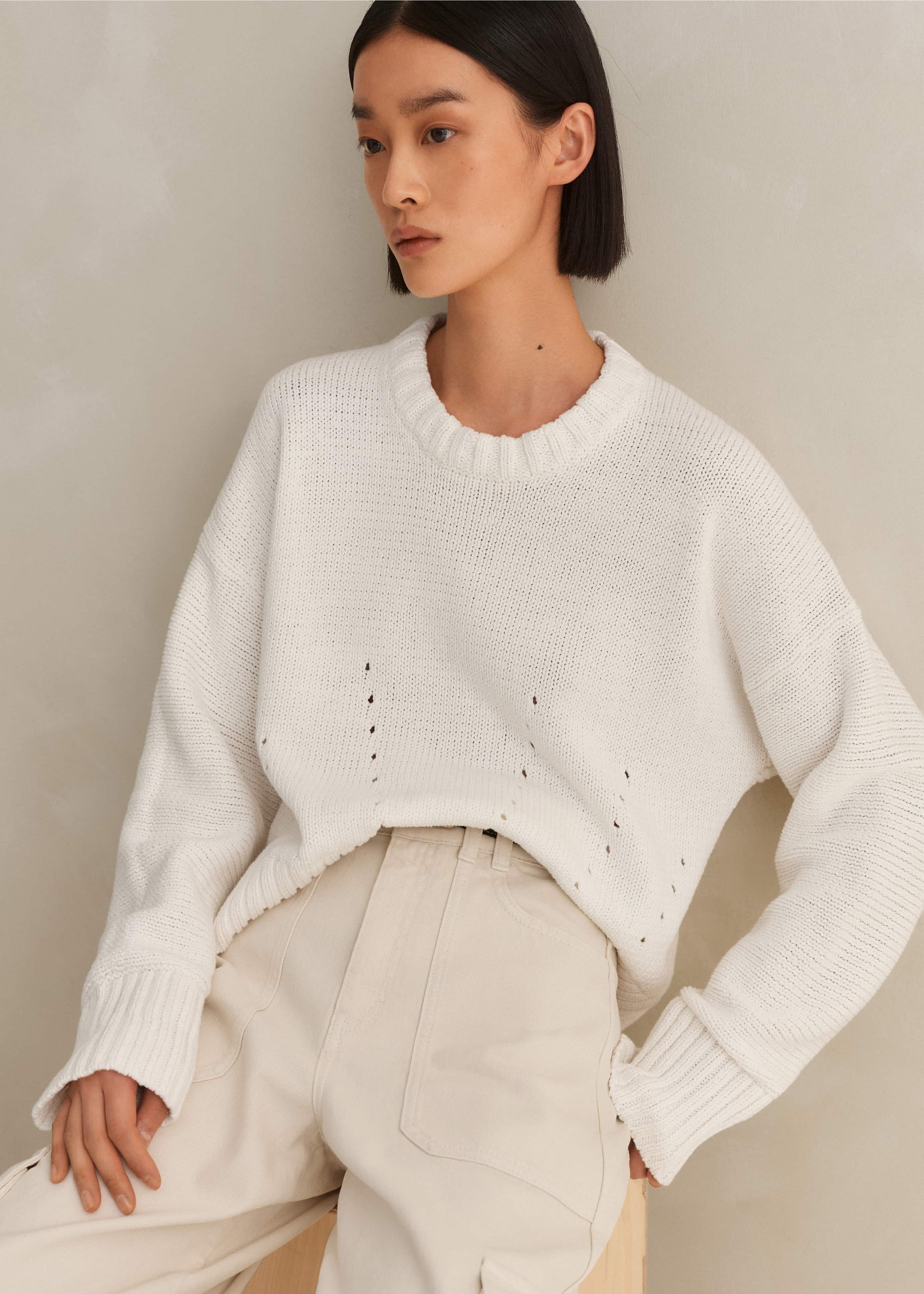 Cotton Waffle Curved Hem Henley curved arm cotton KNIT