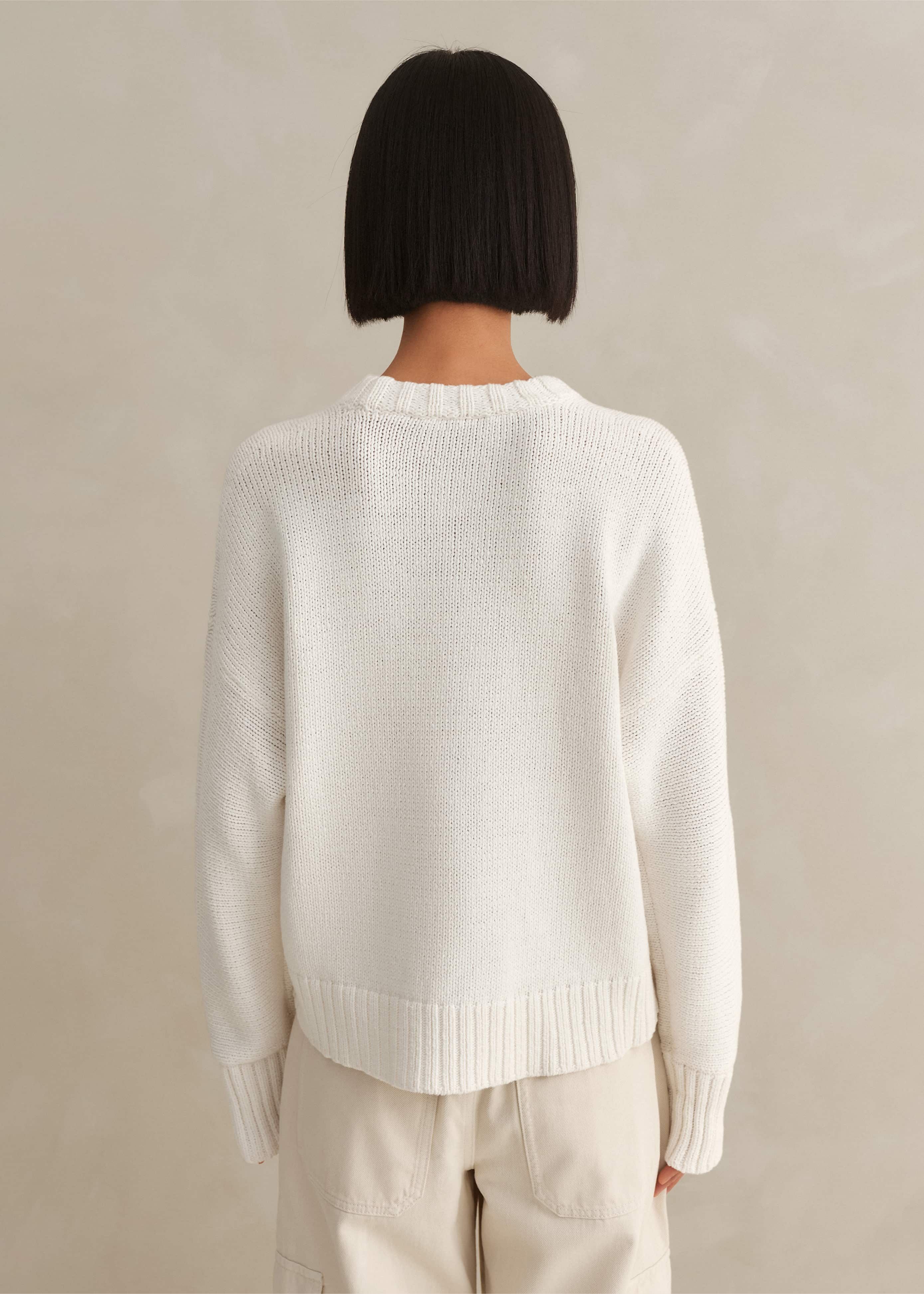 Women's White Chunky Cotton Curved Hem Sweater | ME+EM
