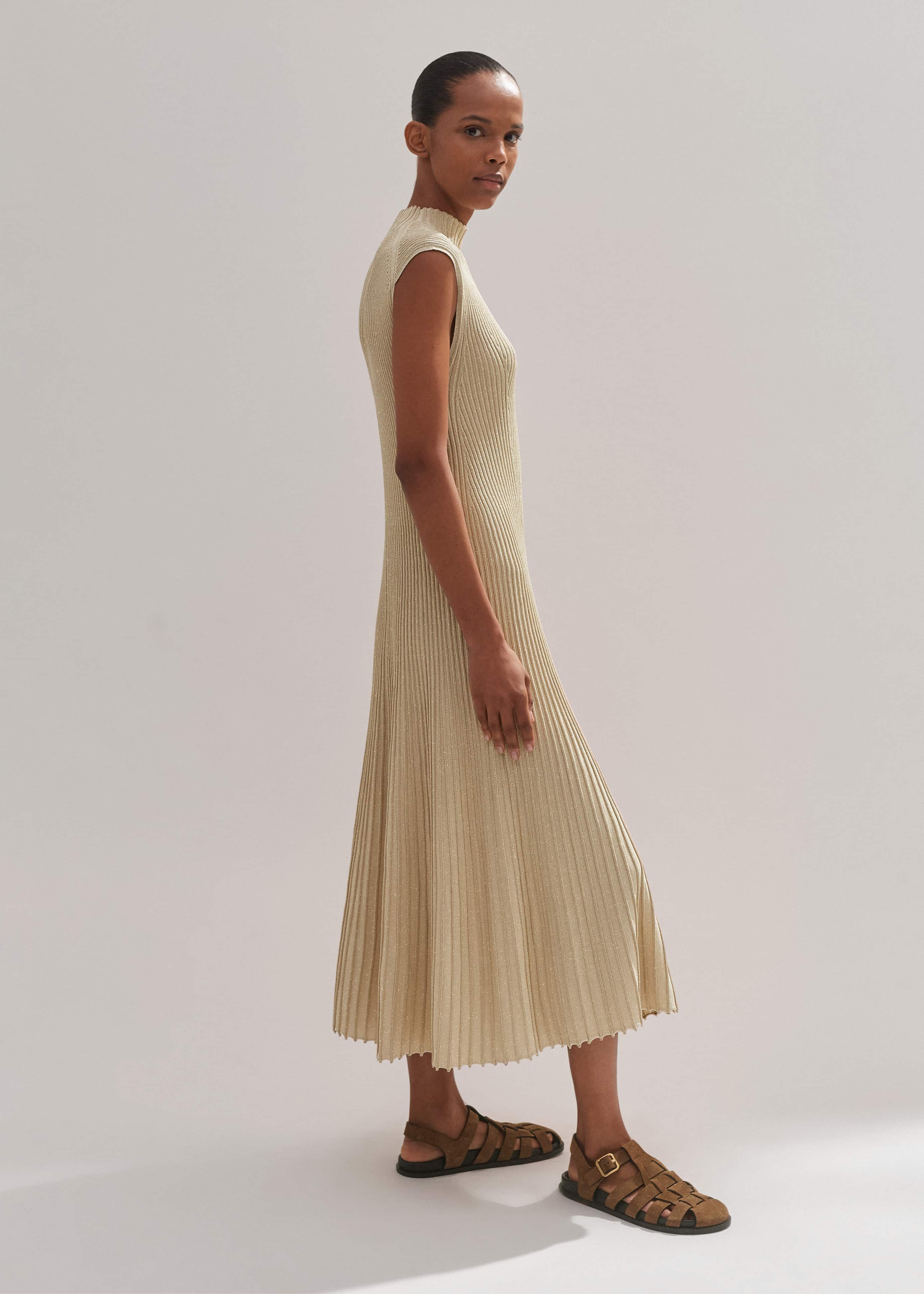 Women's Gold Metallic Rib Knit Cap Sleeve Midi Dress | ME+EM Women's Gold Metallic Rib Knit Cap Sleeve Midi Dress | ME+EM