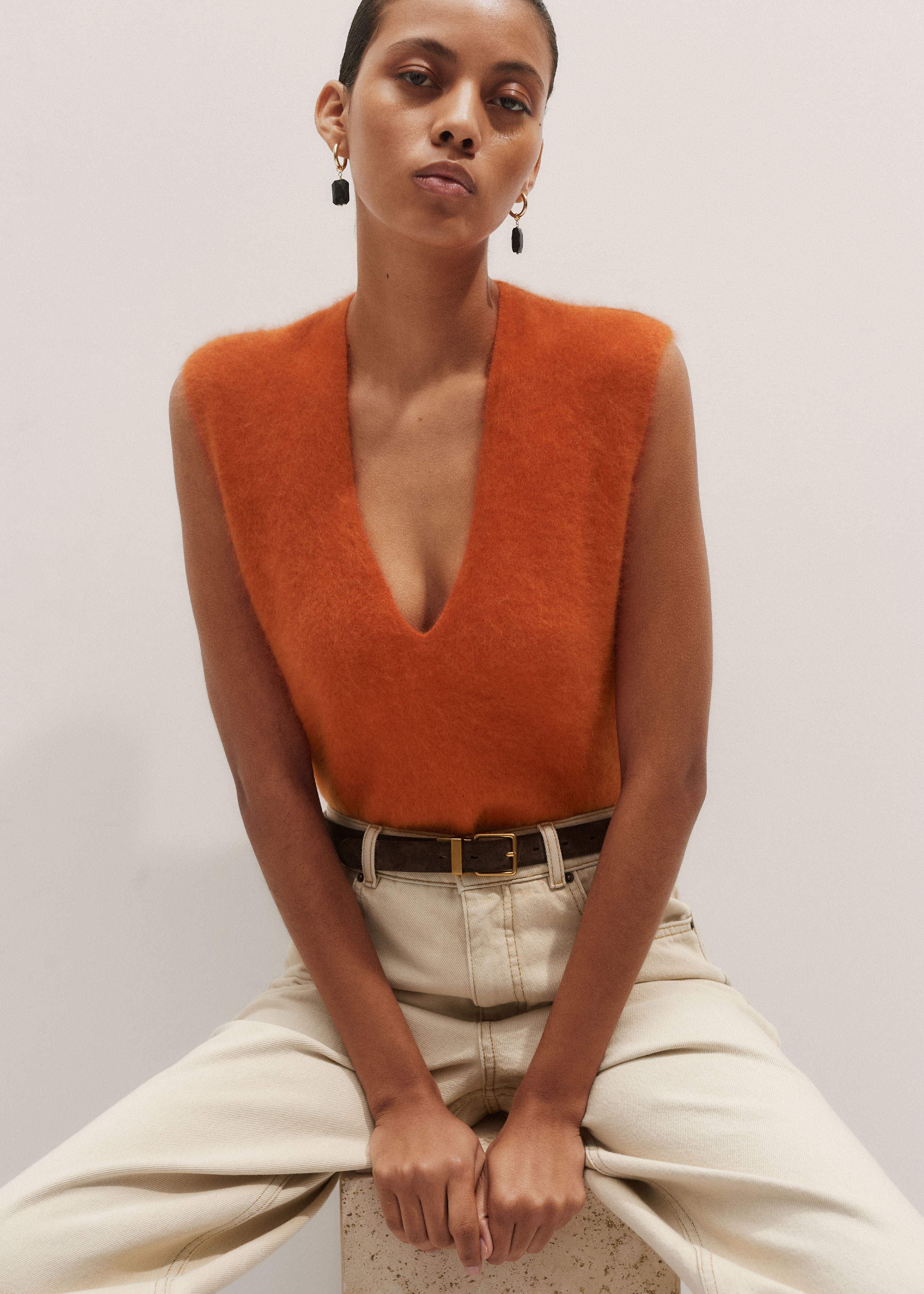 美品✨ dium. melange summer knit vest Women's Orange V-Neck Straight Vest | ME+EM