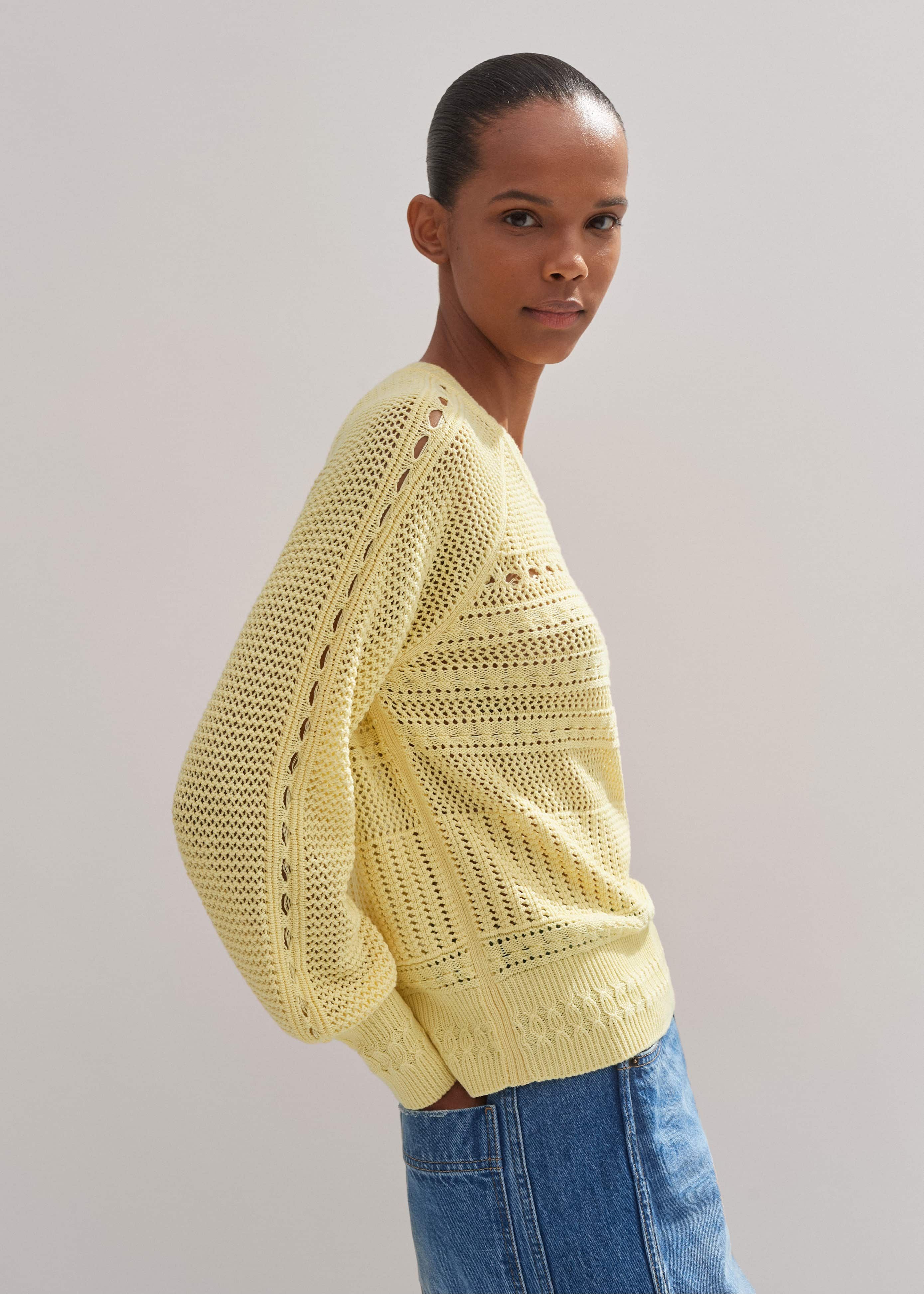 Women's Yellow Cotton Lace Stitch Raglan Sleeve Sweater | ME+EM