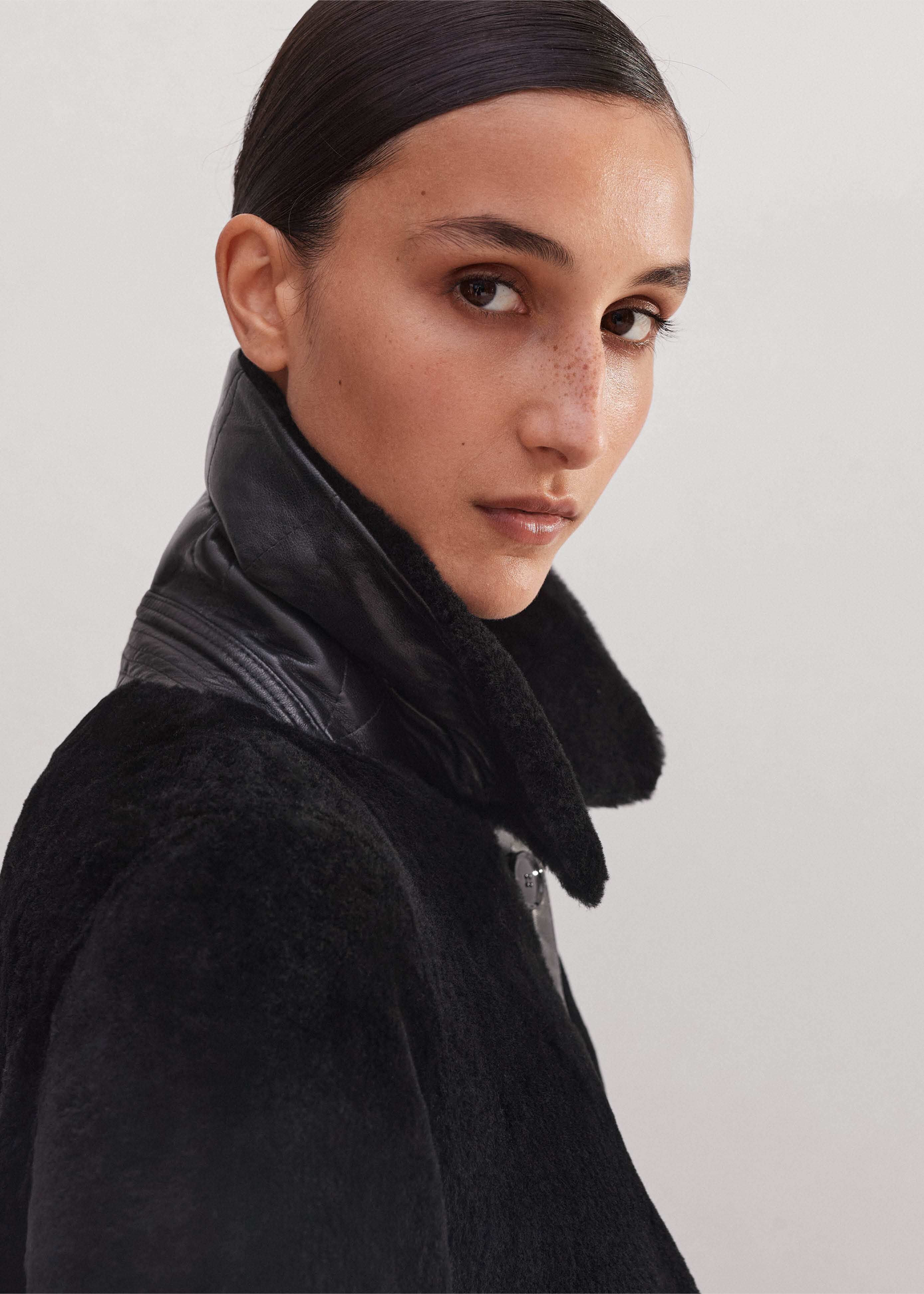 Women's Black Luxe Shearling Leather Mix Swing Coat | ME+EM