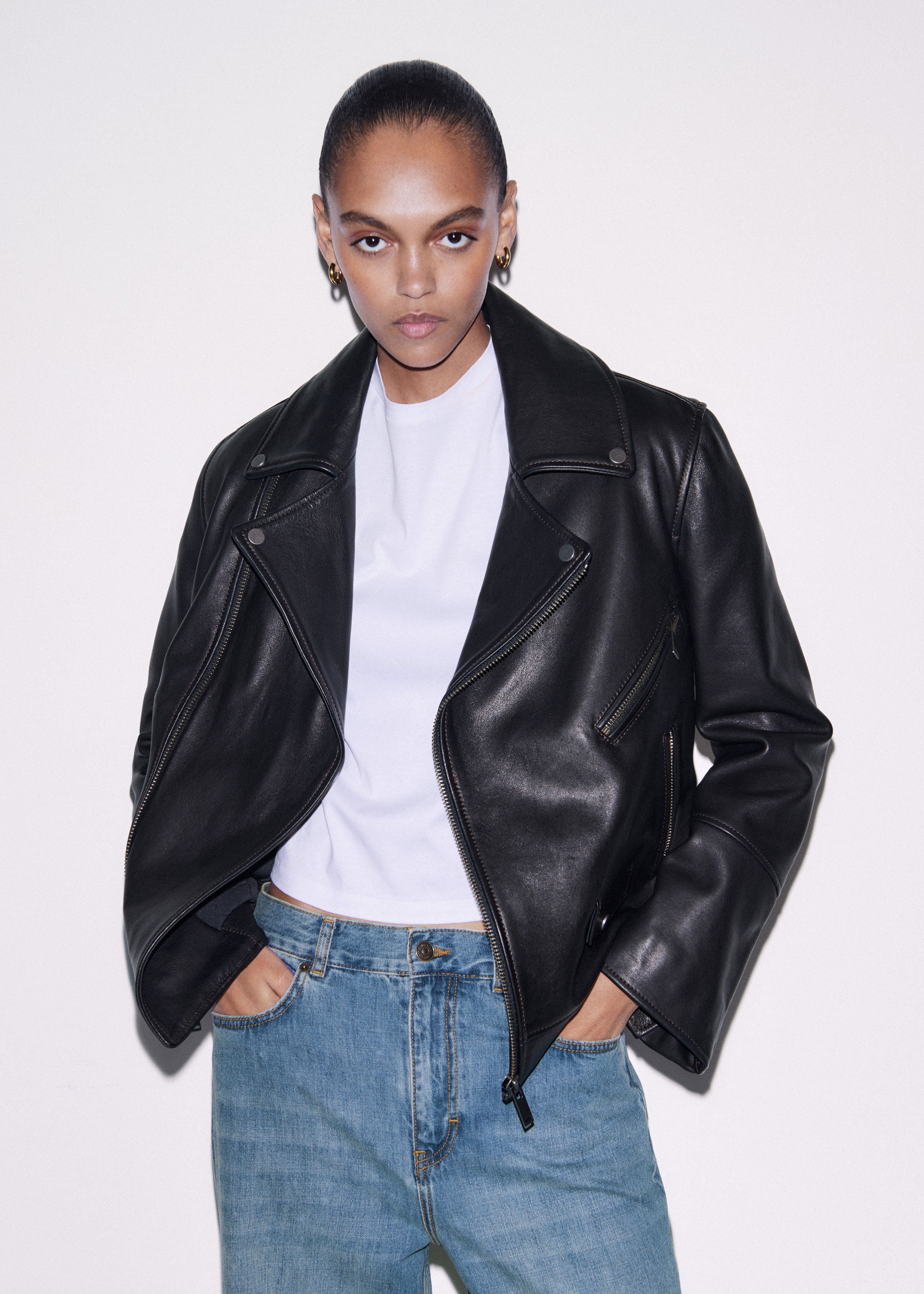 Ladies Real Leather Black Fashion Biker Style Jacket