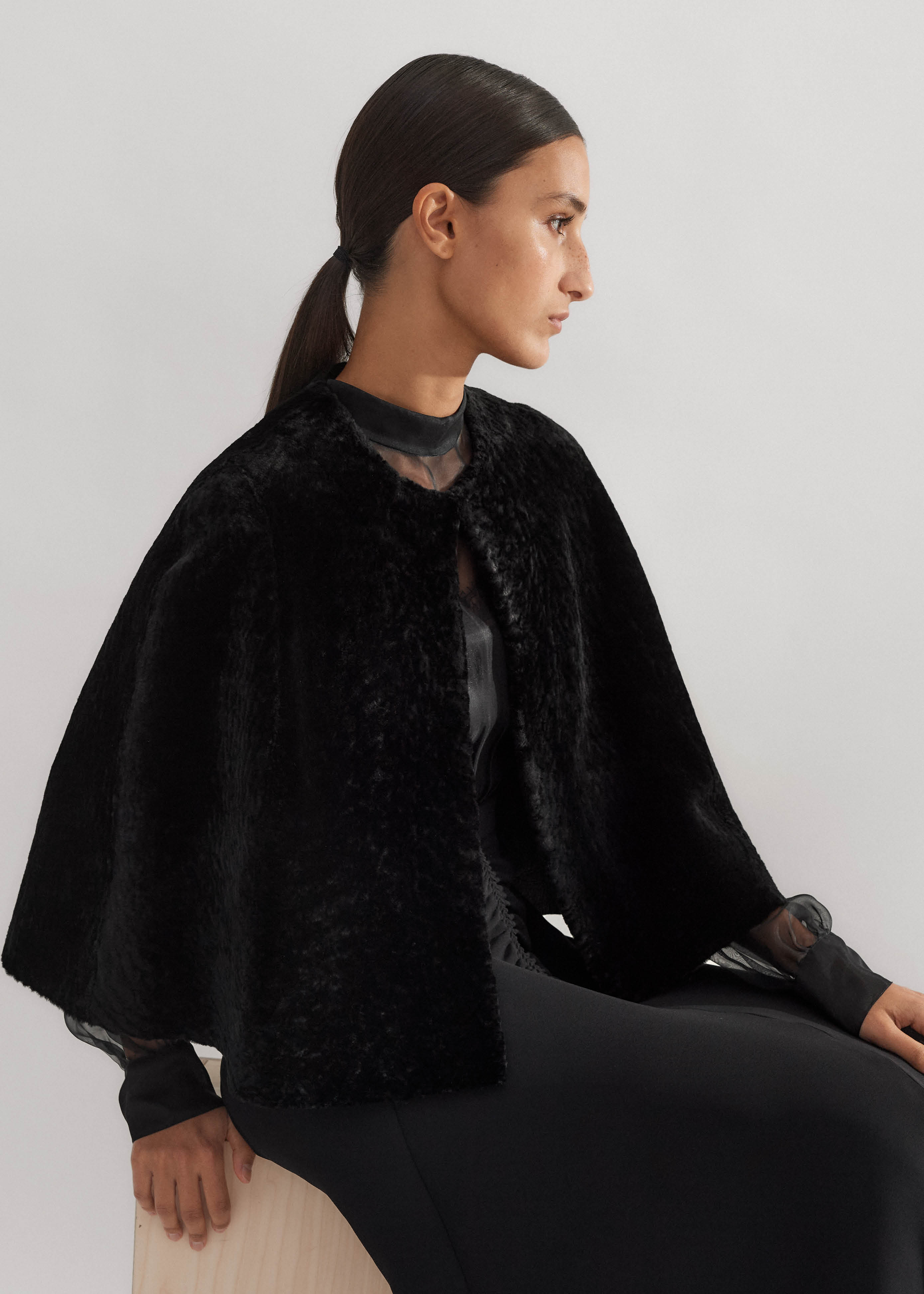【LIDNM】SHAWL COLLAR CAPE COAT size L Select Wool Belted Cape with Select Lamb Collar