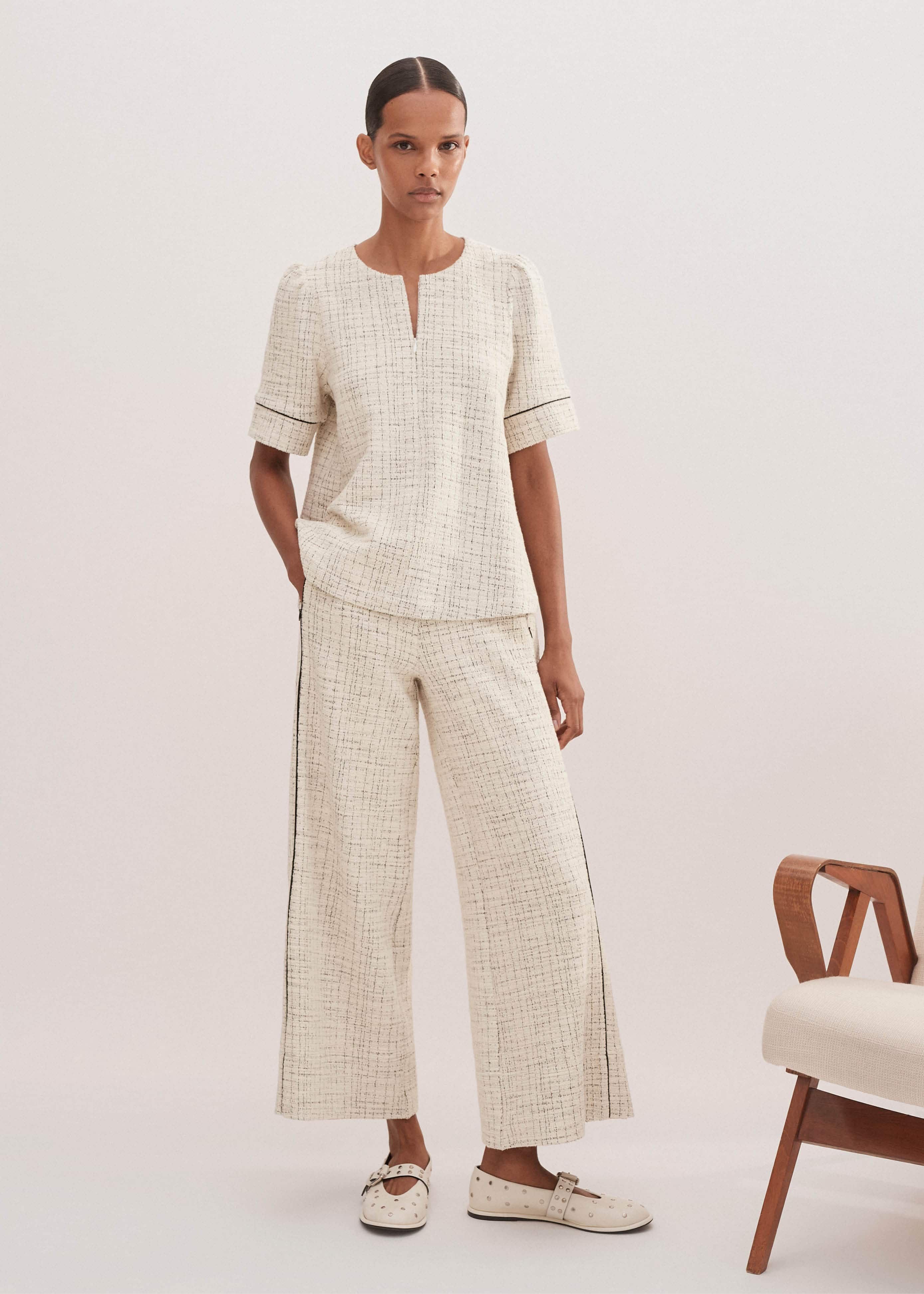 Women's Cream Tweed Wide-Leg Crop Pant | ME+EM