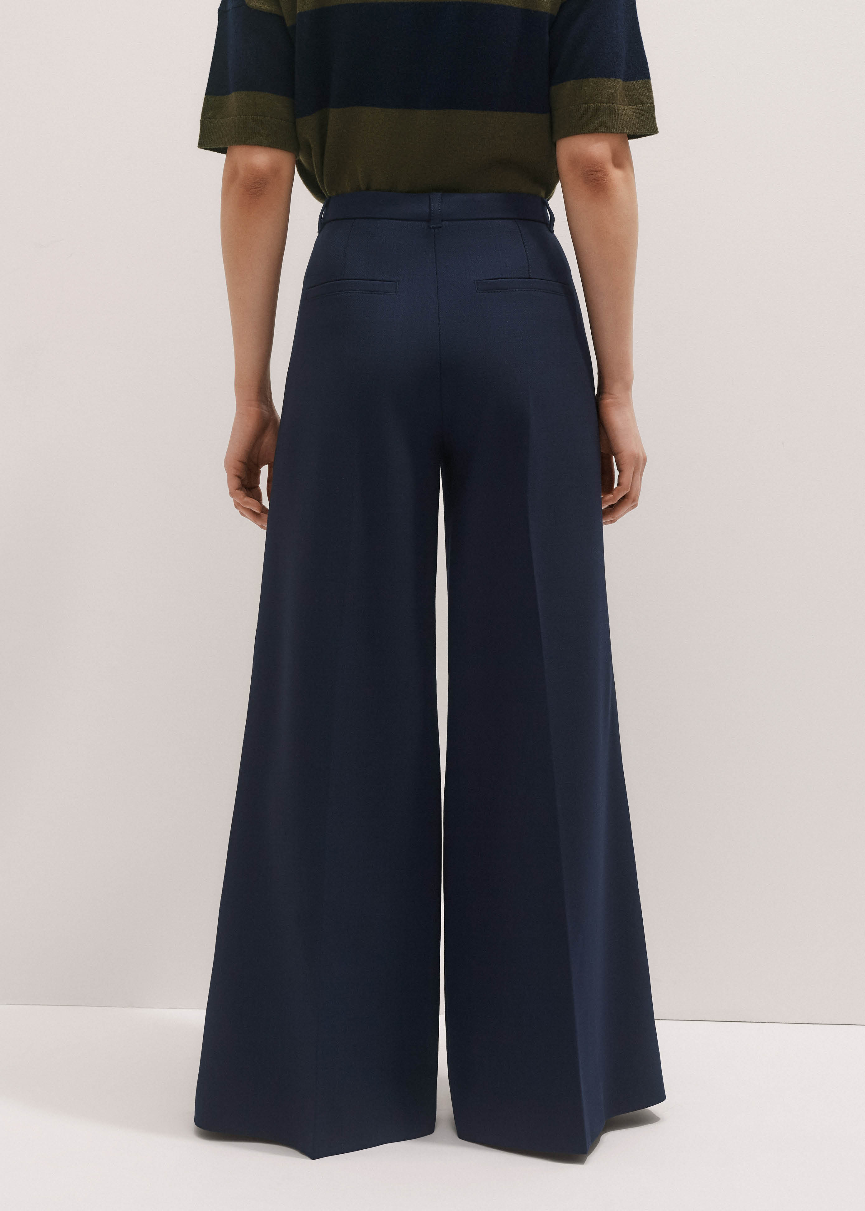 Women's Navy Wool-Blend Exaggerated Flare Pant | ME+EM
