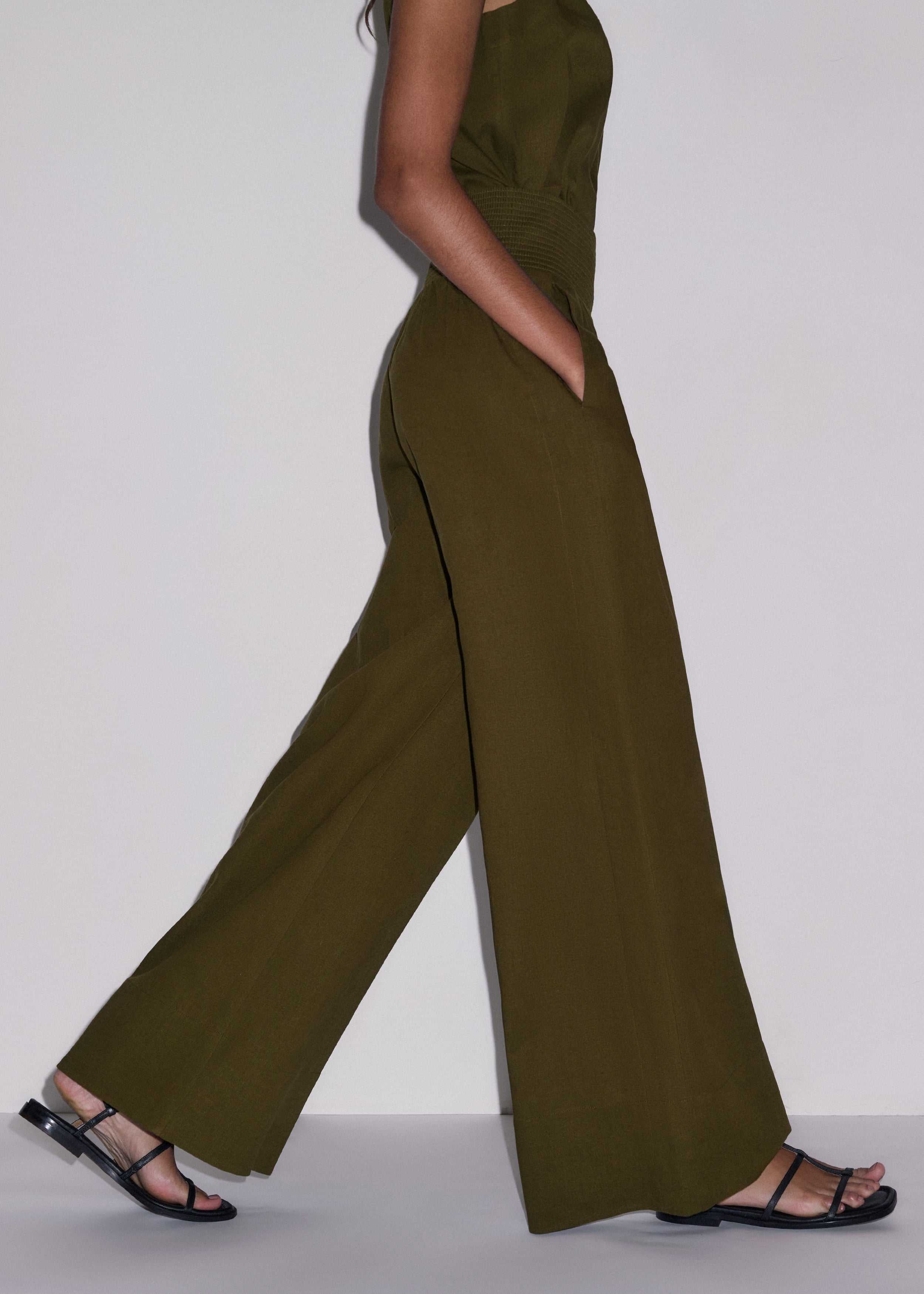 Women's Olive Green Shirred Wide Pant | ME+EM