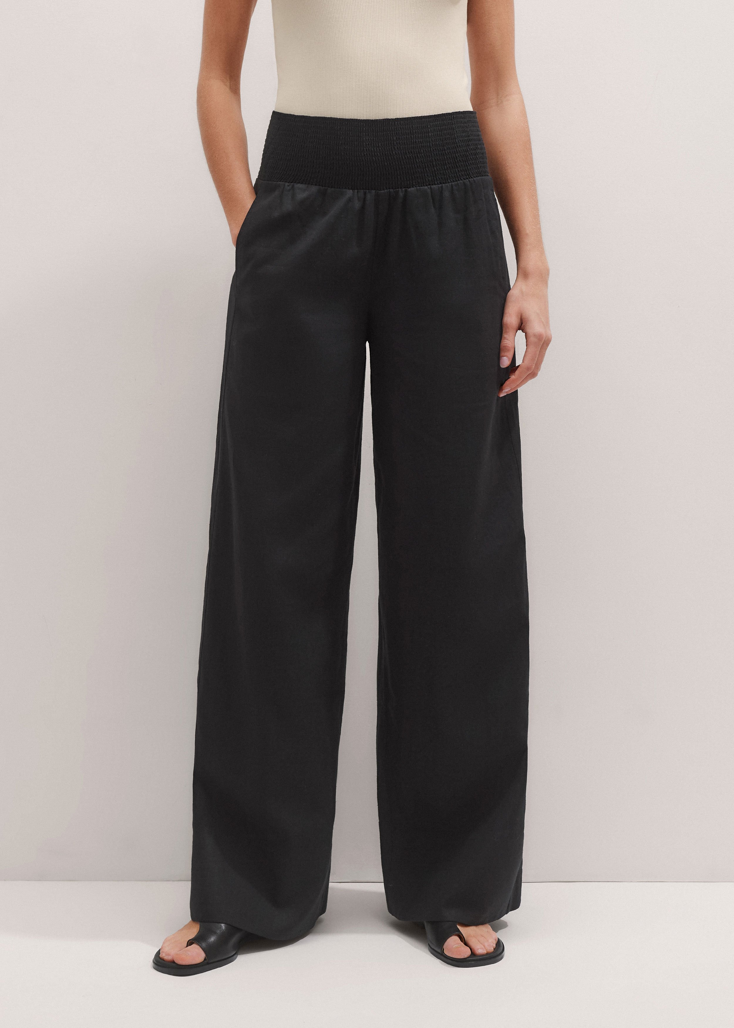 【BAON】Moity shirring pocket check wide banding pants Made in Italy Basso Shirring Waist Wide Leg Pant Mocha -