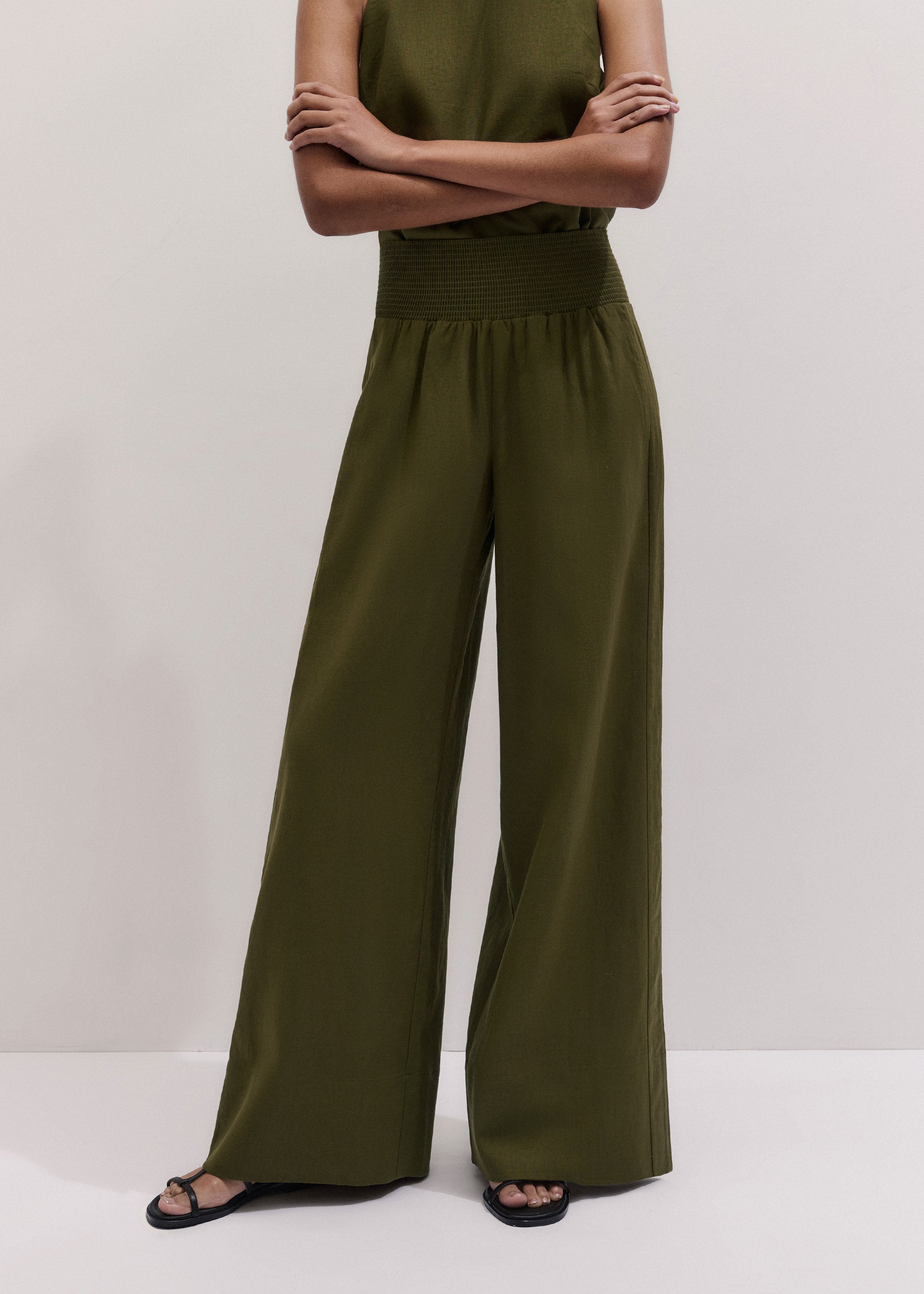 Women's Olive Green Shirred Wide Pant | ME+EM