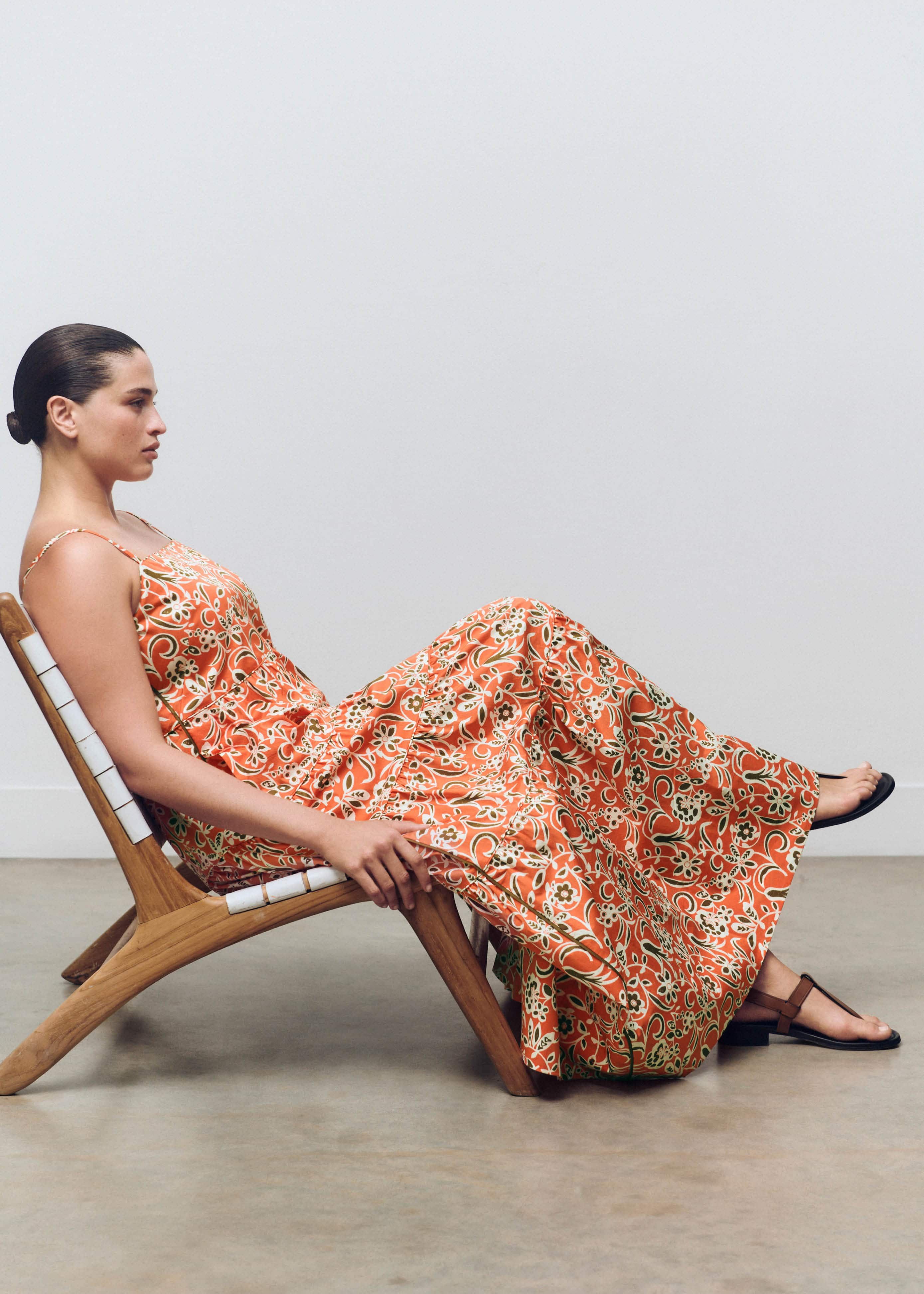 Women's Orange Cotton Graphic Floral Print Full-Length Dress