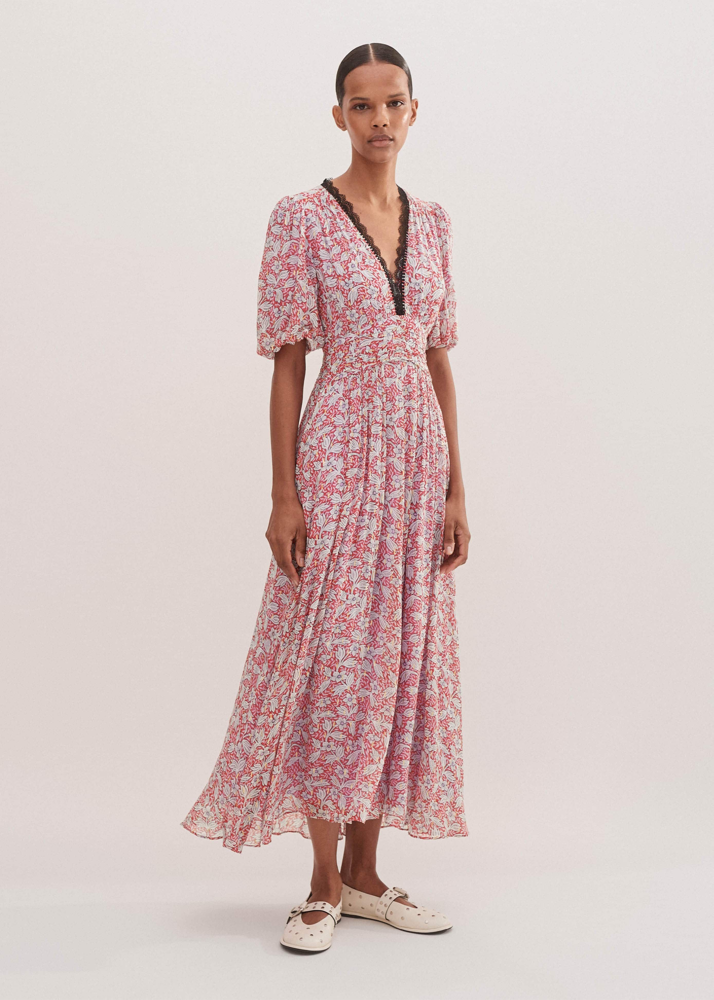 Women's Red Evening Primrose Print Lace Maxi Dress | ME+EM Women's Red Evening Primrose Print Lace Maxi Dress | ME+EM