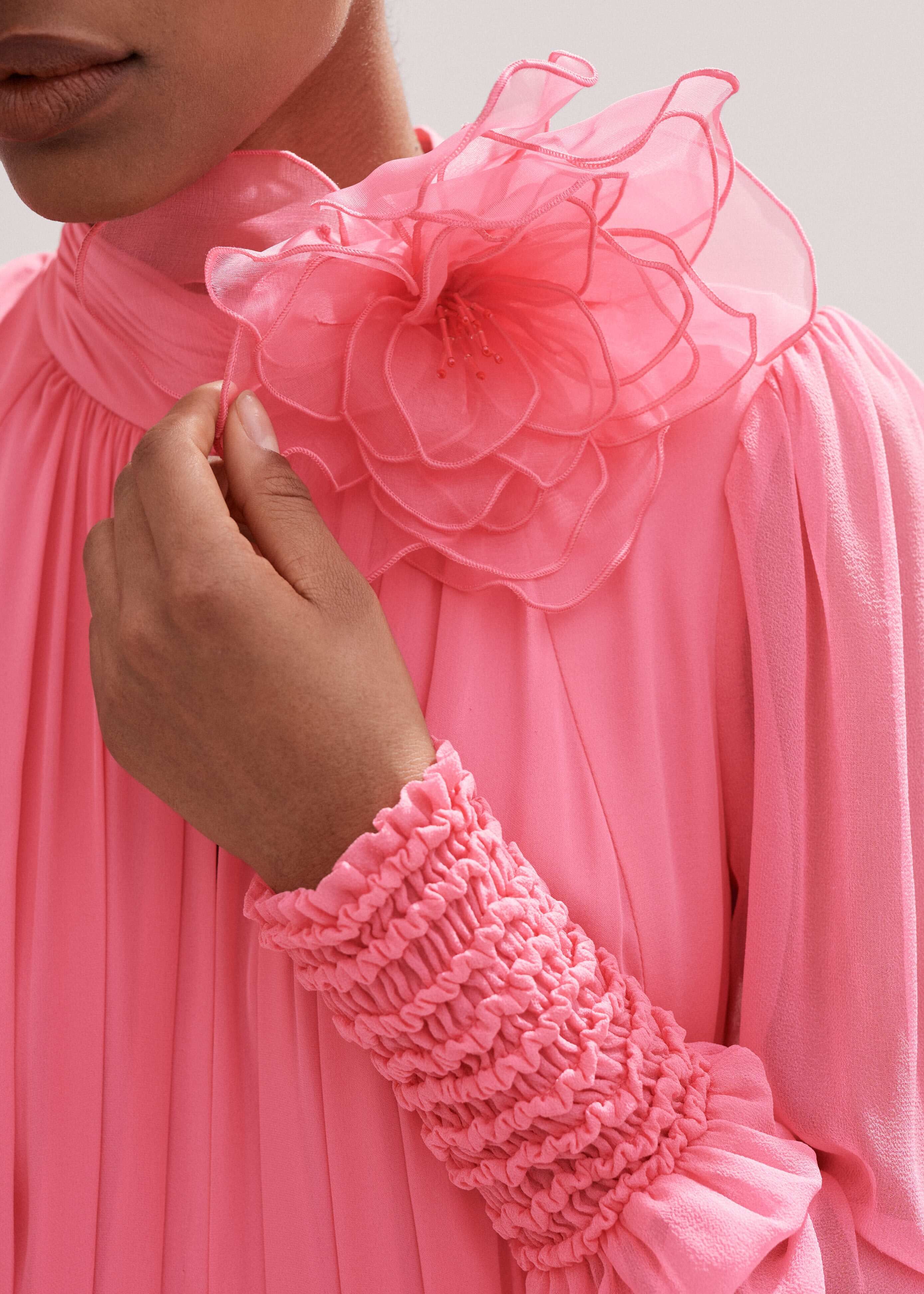 me and em pink silk dress Women's Pink Silk Full-Length Dress With Corsage + Belt