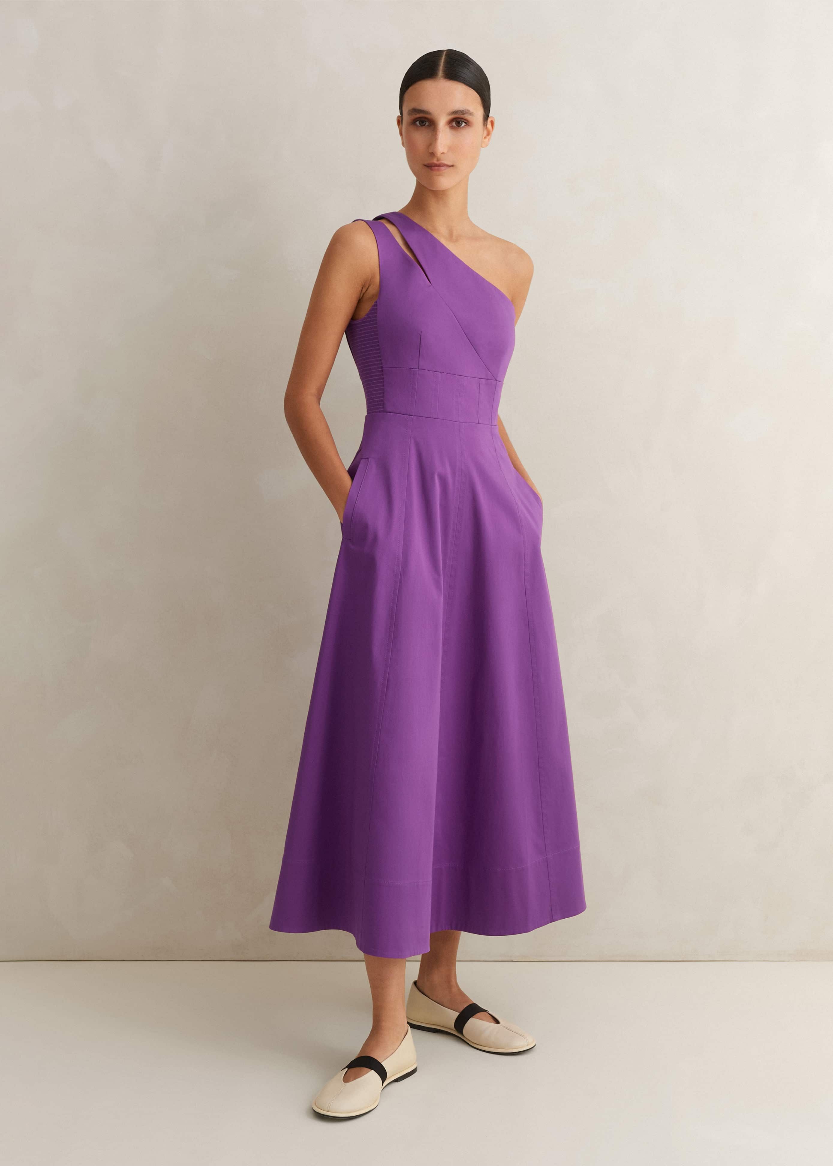 Women's Purple Cotton Sateen One Shoulder Midi Dress | ME+EM