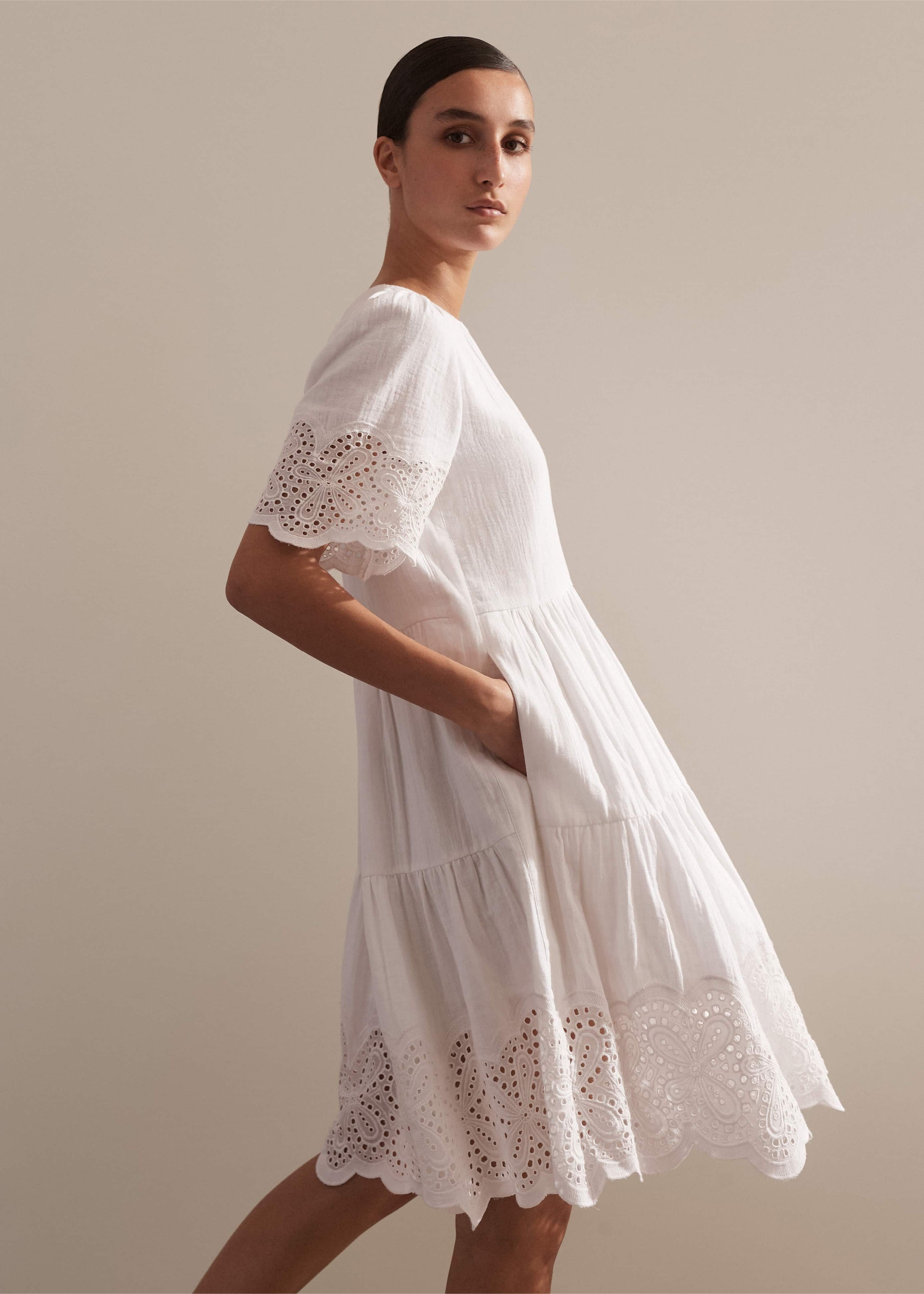 Women's White Cheesecloth Broderie Short Swing Dress | ME+EM