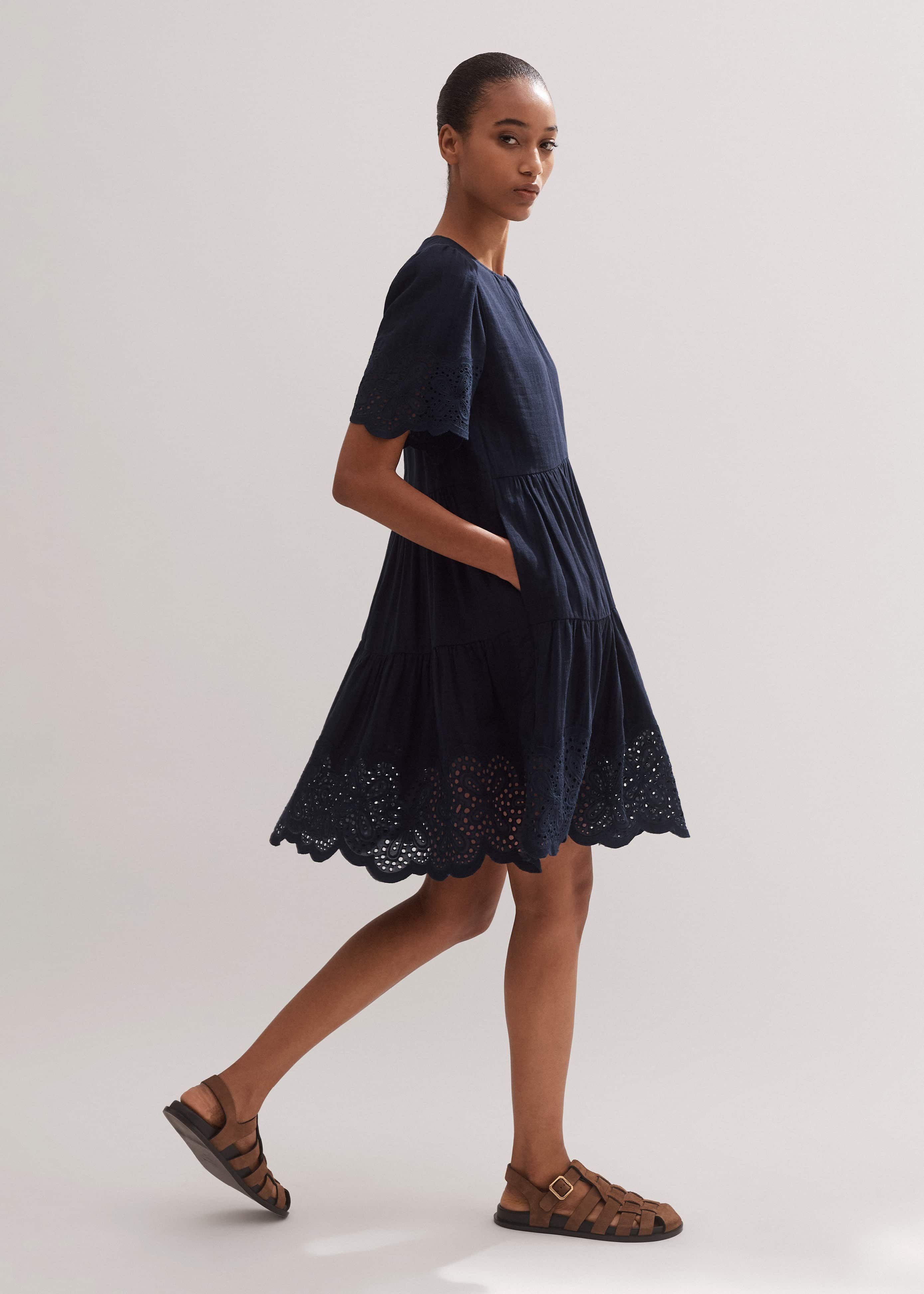 Women's Navy Cheesecloth Broderie Short Swing Dress | ME+EM