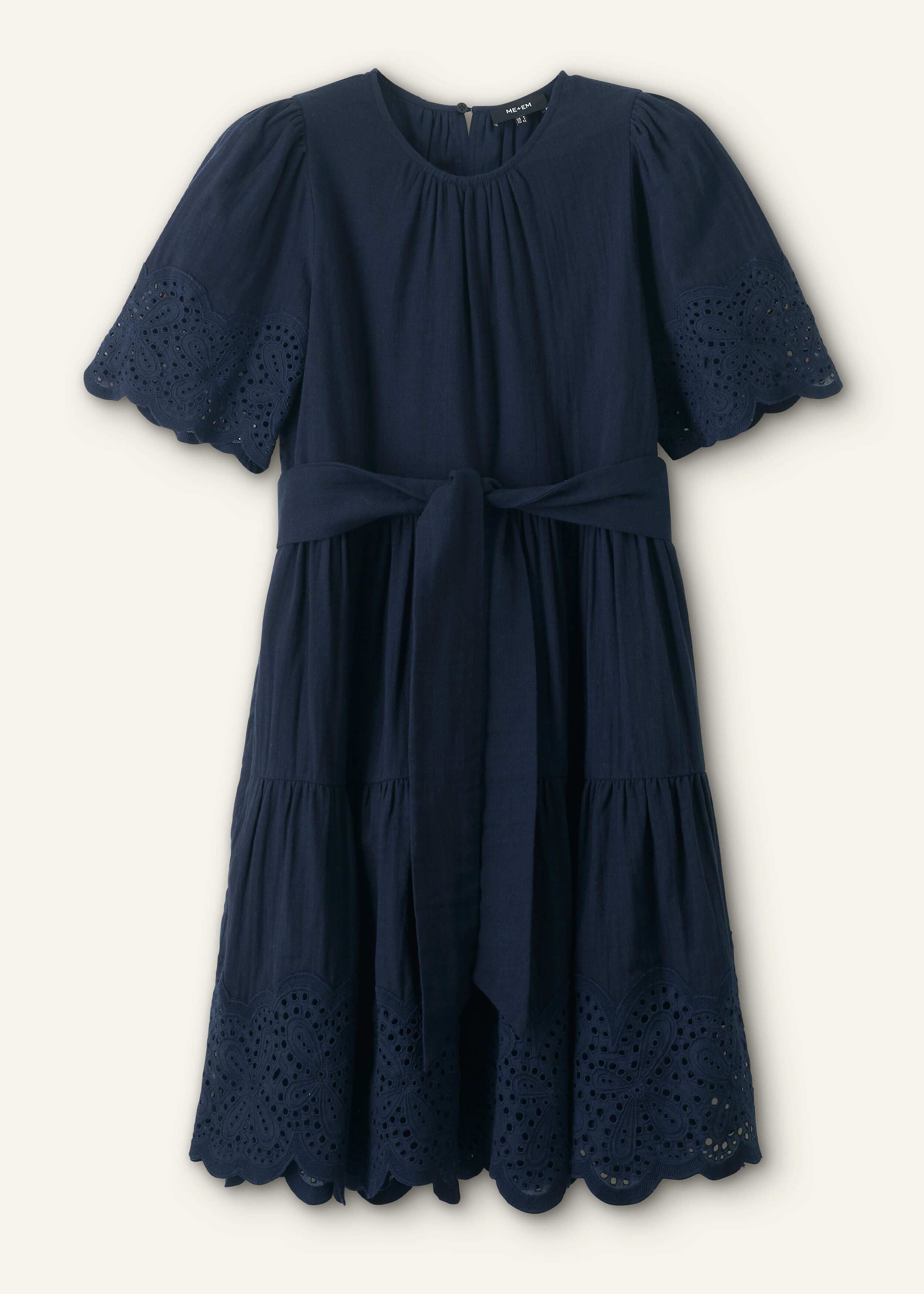 cheesecloth pleat detail swing dress Me+Em Cheesecloth Swing Dress With Lace Details - Navy