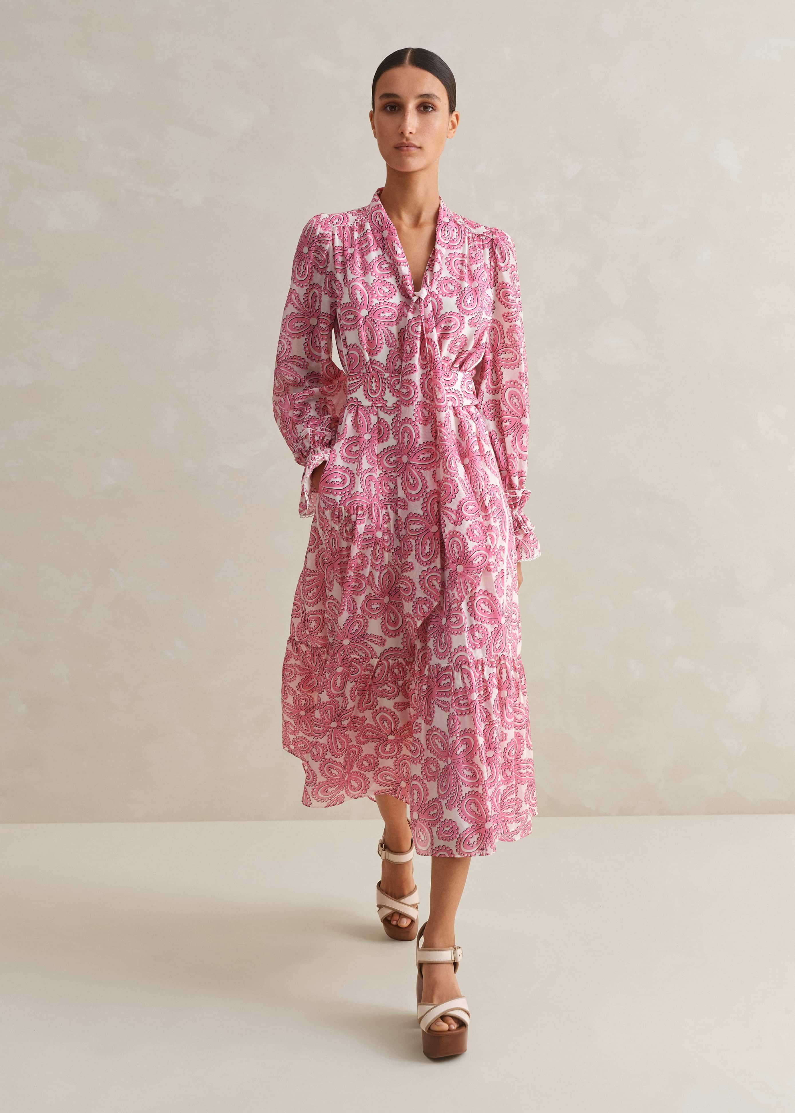 Women's Silk Cotton Flower Print Midi Dress + Belt | ME+EM