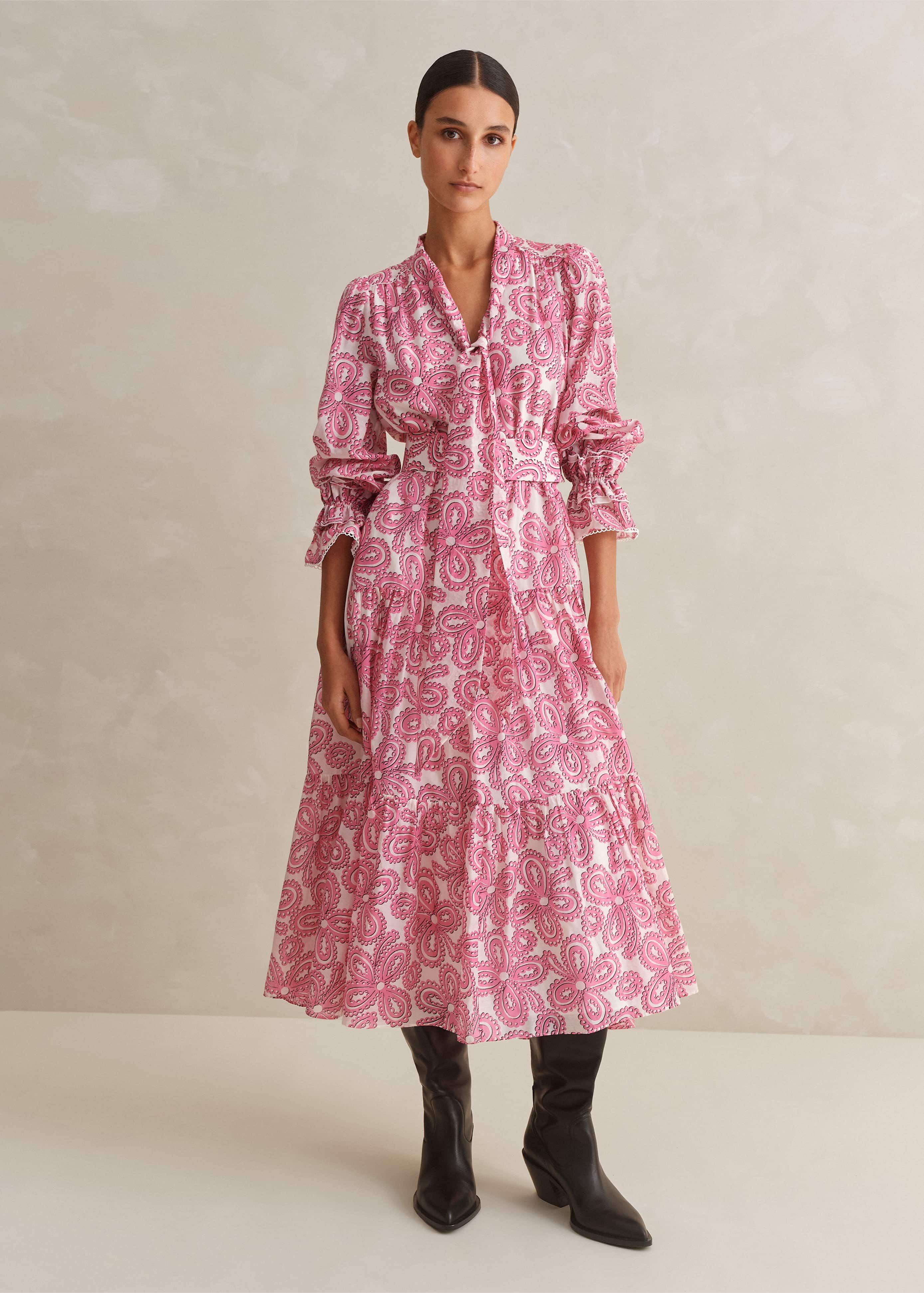 Women's Silk Cotton Flower Print Midi Dress + Belt | ME+EM