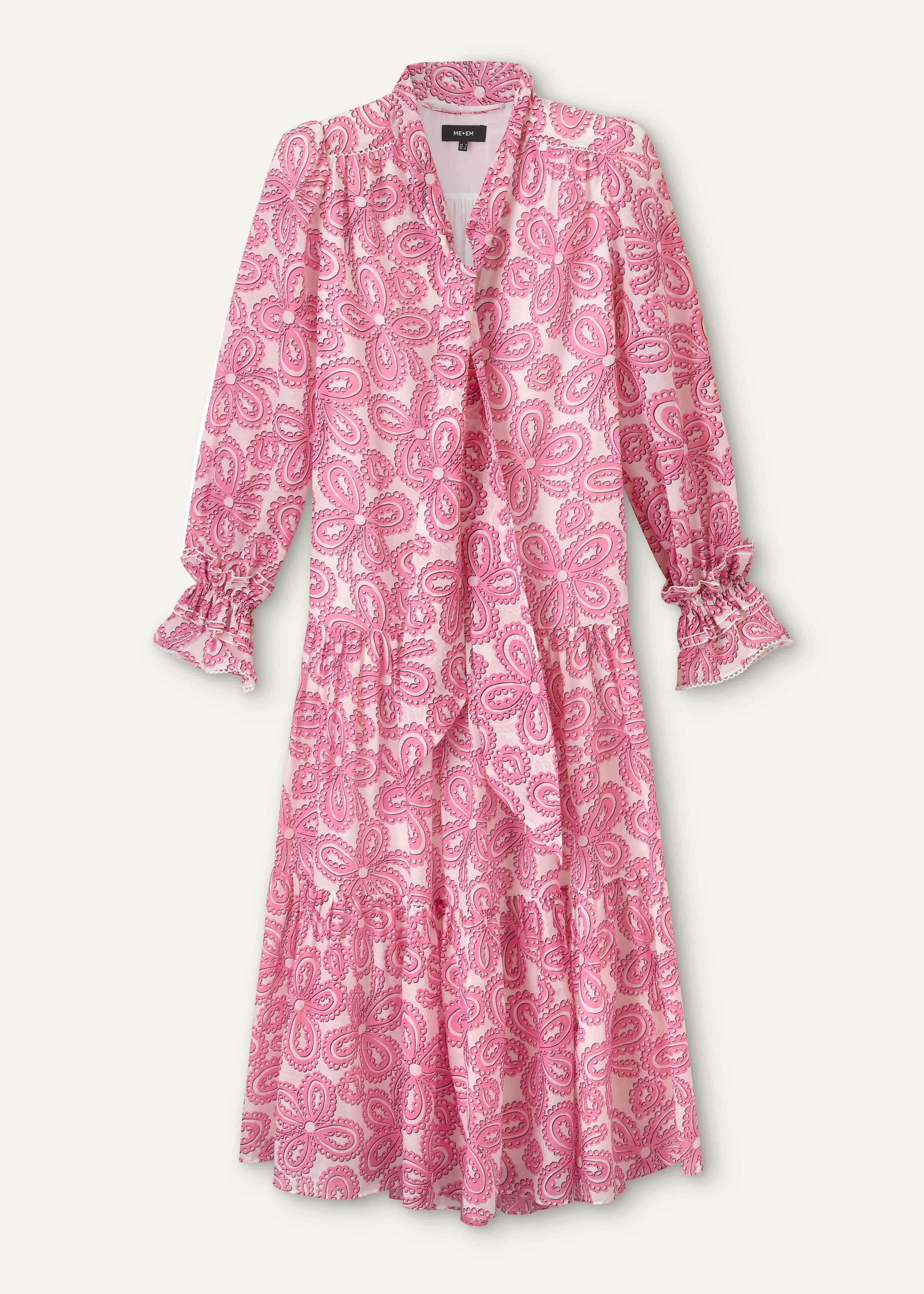 me and em pink silk dress ME+EM Silk Satin Draping Wisteria Print Full Length Dress + Tie Pink-cinnamon Brown - Women's - Silk Satin
