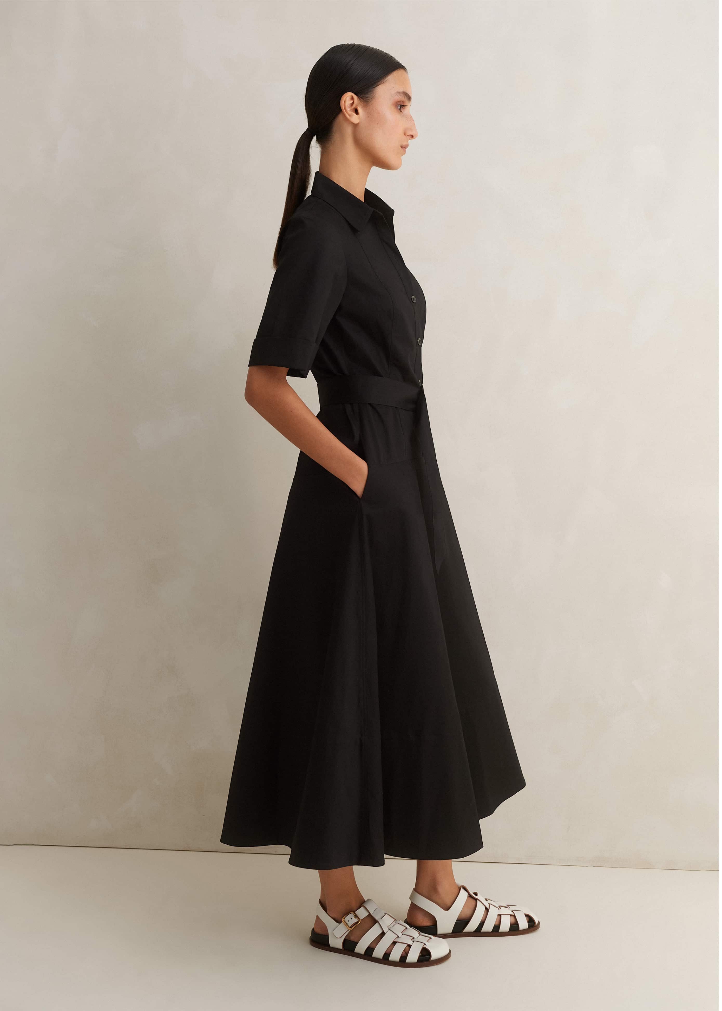 stretch cotton sateen midi dress in black Helsa Stretch Cotton Sateen Midi Dress