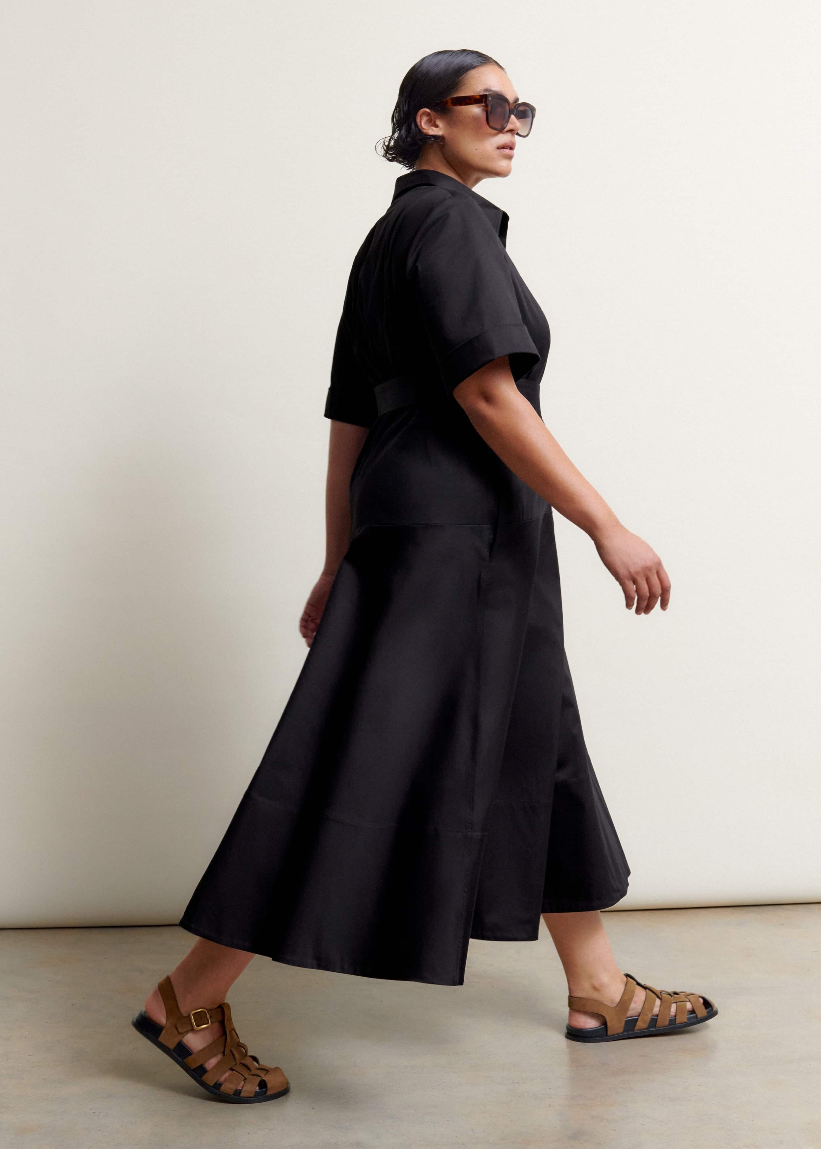 Women's Black Cotton Sateen Midi Shirt Dress + Belt | ME+EM