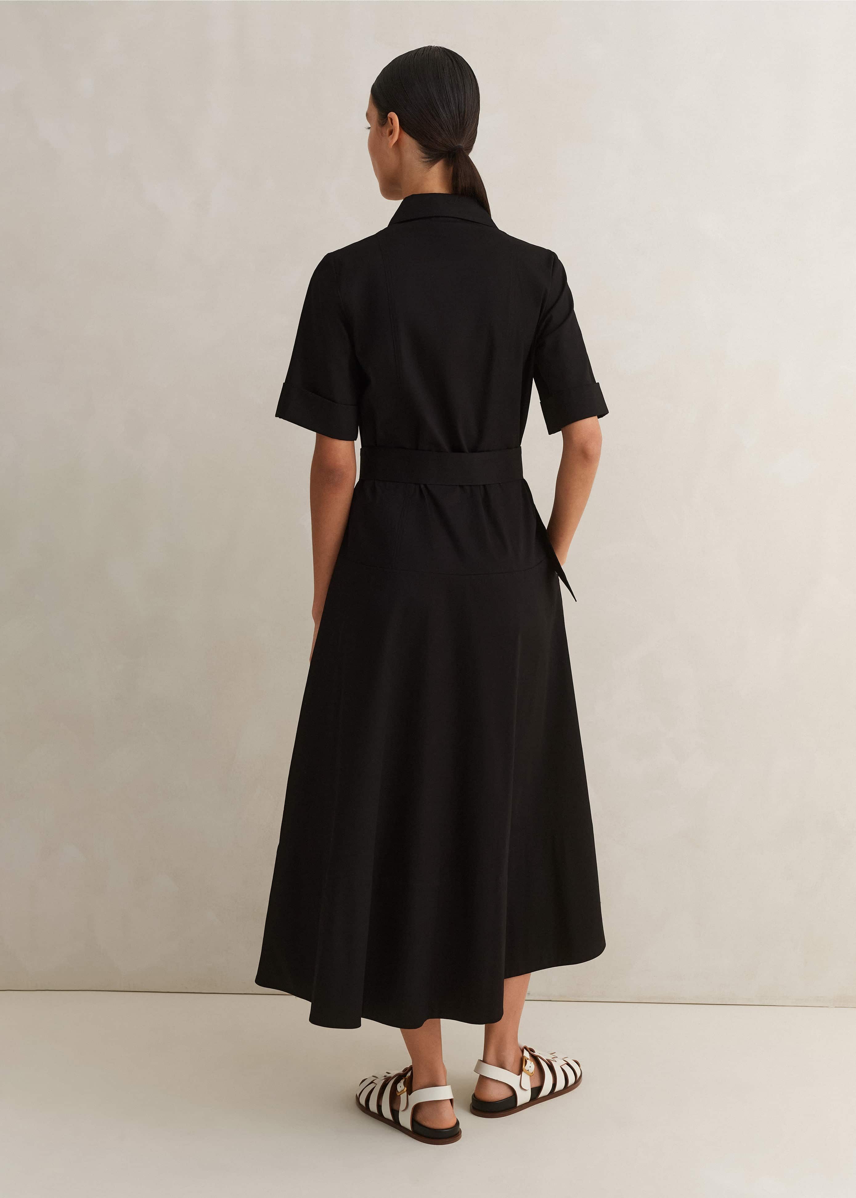 Women's Black Cotton Sateen Midi Shirt Dress + Belt | ME+EM